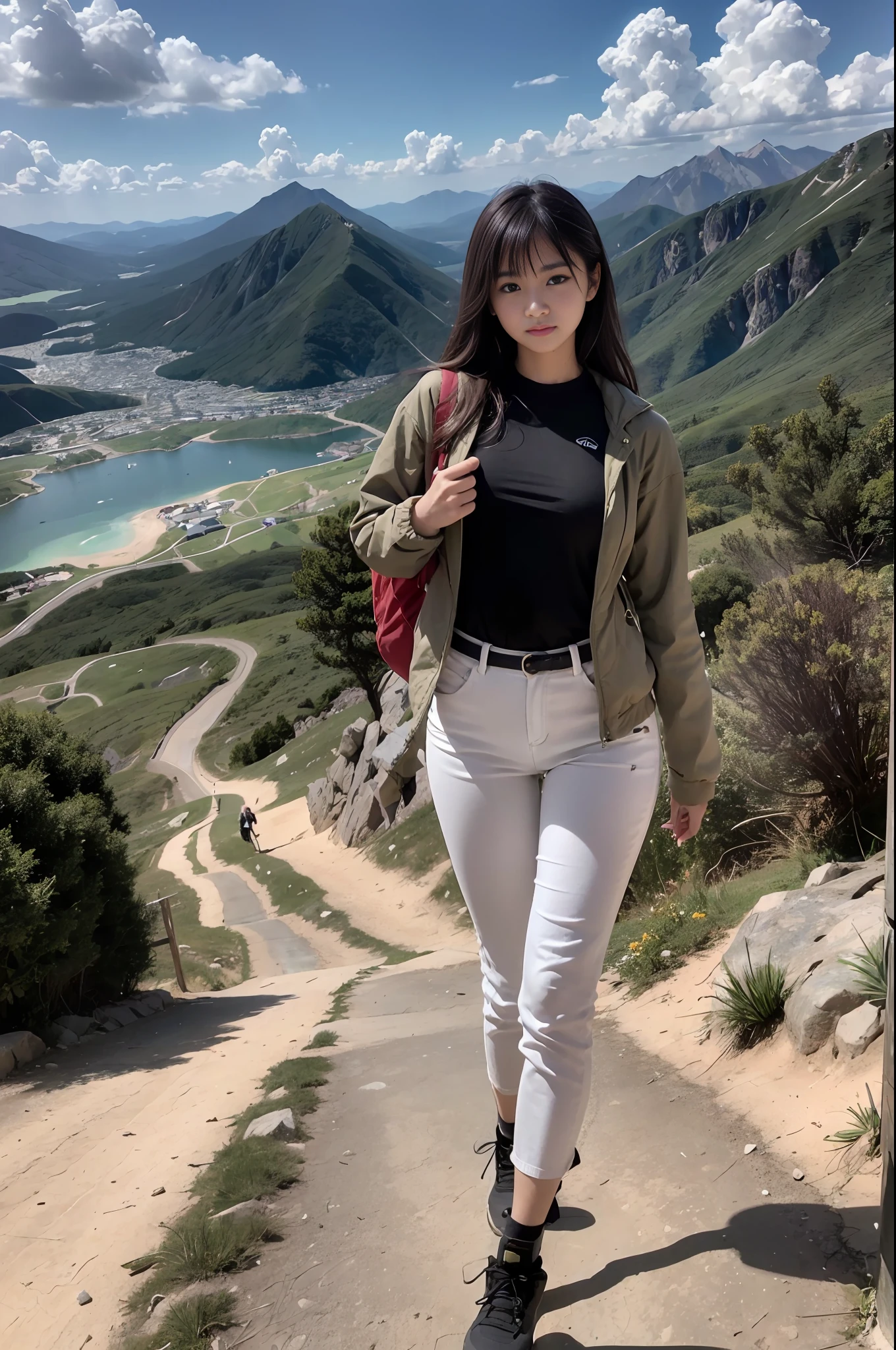 (masterpiece, top quality, 8K wallpaper, high resolution, ultra-realistic), 1girl, solo, full body composition from afar, slender figure: 1.1, beauty, beautiful face, beautiful eyes, detailed face, detailed eyes, detailed nose, detailed mouth, long hair, bangs, black eyes, carrying a big backpack, mountain girl style, backpacker, mountaineer, mountain view from the top of the mountain, walking on the trail, Wearing jacket over jacket, t-shirt, long pants, climbing, trekking boots, natural landscape photo;mountain climbing;spectacular summer mountain scenery with rugged mountain range in the distance, wonderful contrast of blue sky and white clouds. Camera = "Sony a7 IV";Lens="Tamron 28-200mm f/2.8-5.6 Di III RXD";" Aperture = f/6.3";" Shutter speed = 1/1600 sec";" ISO=100";