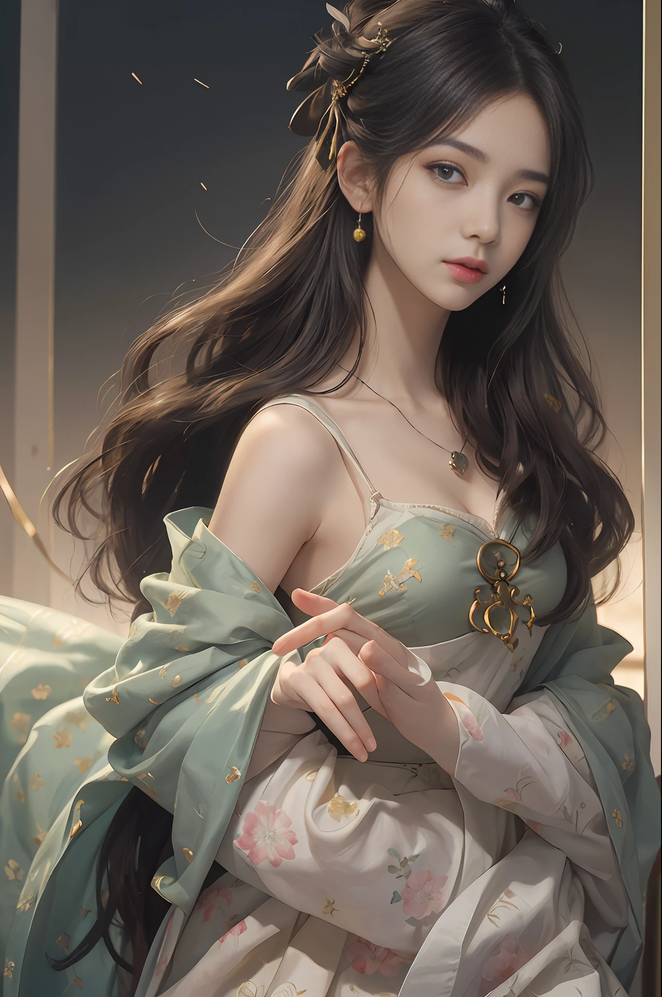 Ultra-realistic 8k cg, perfect face, flawless, clean, masterpiece, professional artwork, famous artwork, perfect face, beautiful face, beautiful eyes, ((perfect female body)), solo, (immersive atmosphere, chiaroscuro: 1.5, bright light: 1.2, luminous light), (blush: 0.5), enchanting expression, extreme details _ eyes, thick thighs, big breasts, delicate background, depth of field, realism: 1.3, vista, 1girl, hanfu, beautiful action, (Full Body 2.0), (Ambient Light: 1.3), (Movie Composition: 1.3), (Neon: 0.1), (HDR: 0.1), Accent Lighting, Pantyhose,