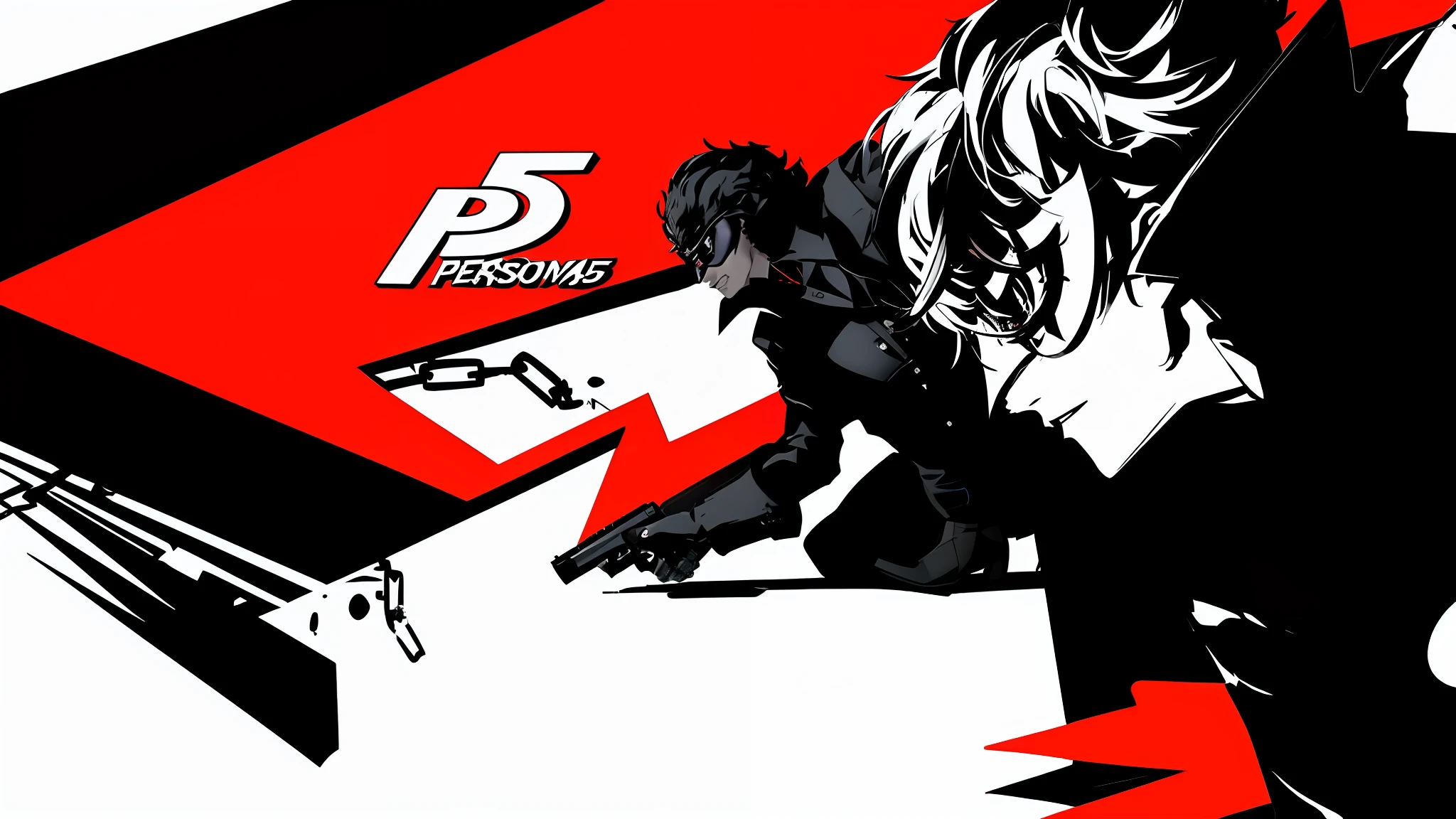 Close-up of man with gun on red and black background, Persona 5 artwork, Persona 5 Art style, Persona 5, Persona 5 inspiration, Persona 5 Phantom Rogue style, Persona art style, Persona 5 Art style WLOP, Persona, full-size Persona, Persona 4, Psychopass, Digital Art Art, Cyberpunk, Cthulhu
