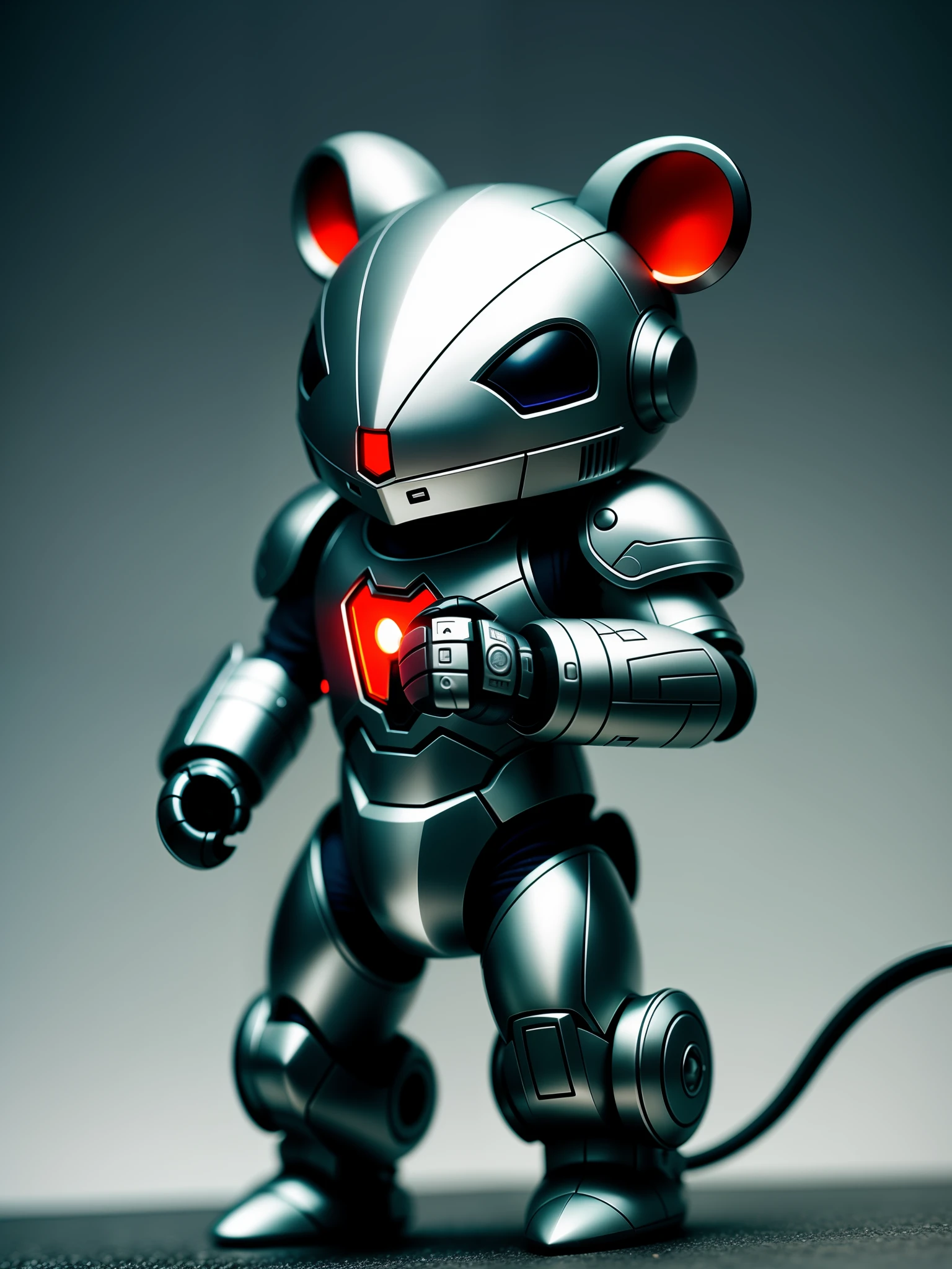 A cute little mouse in metal armor, (cyborg: 1.1), ([tail | detailed wire]:1.3), (complex details), HDR, (hyperdetailed: 1.2), cinematic shot, vignette, centered