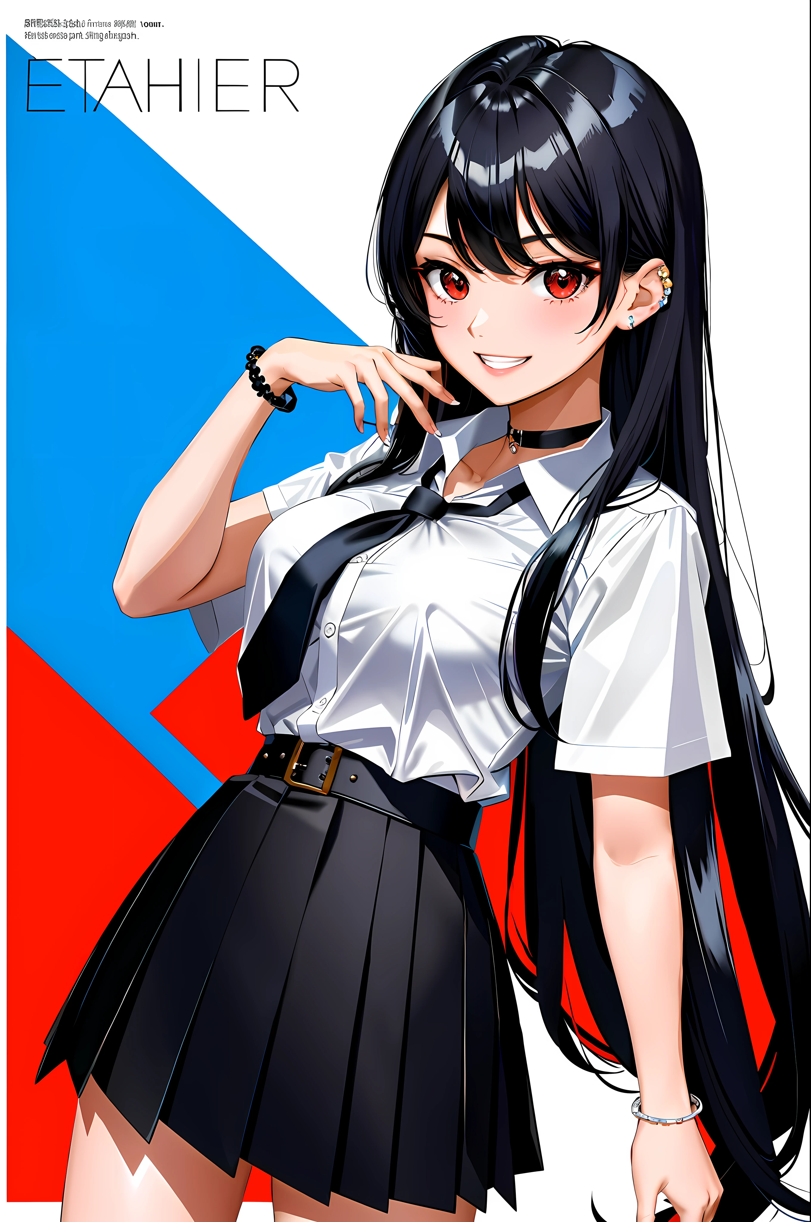 masterpiece, best quality, full body, 1girl, bangs, black choker, black necktie, black hair, blue skirt, blush, bracelet, breasts, choker, clothes around waist, collarbone, collared shirt, cowboy shot, dress shirt, ear piercing, eyebrows visible through hair, gradient hair, grin, gyaru, jewelry, kogal, long hair, looking at viewer, loose necktie, necktie, piercing, plaid, plaid skirt, pleated skirt, red eyes, ring, school uniform, shirt, skirt, smile, solo, white shirt, street, sky, cherry blossoms, petals,illustration, (magazine:1.3), (cover-style:1.3), fashionable, woman, vibrant, outfit, posing, front, colorful, dynamic, background, elements, confident, expression, holding, statement, accessory, majestic, coiled, around, touch, scene, text, cover, bold, attention-grabbing, title, stylish, font, catchy, headline, larger, striking, modern, trendy, focus, fashion,