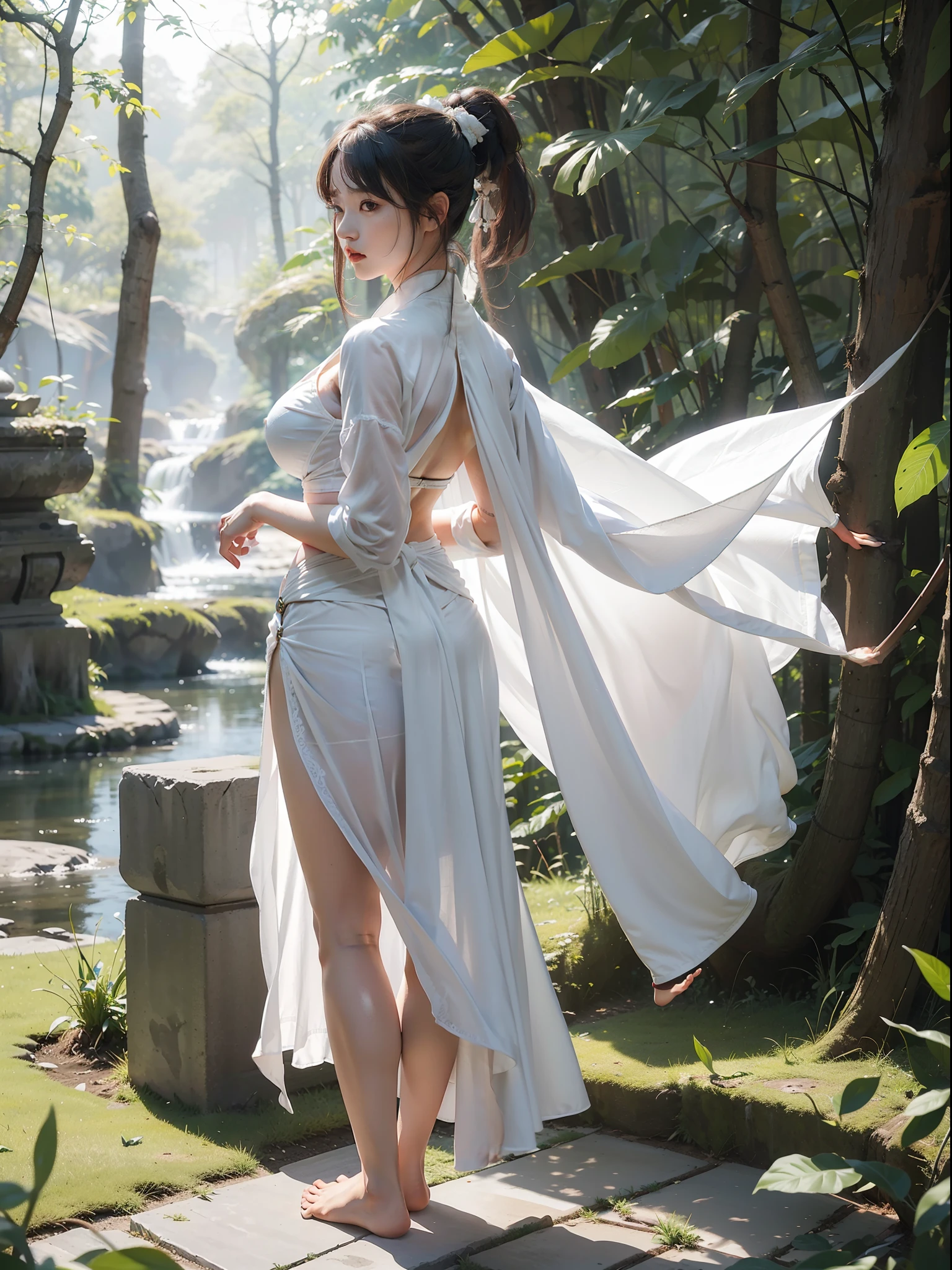 (Female: 1.2), (Big breasts: 1.2), (Qi bangs, ponytail), (White cape), (Ancient, Heroine), Xia, Hanfu, (holding the flute), standing in the forest, falling leaves, (bare breasts), (long legs), (barefoot), (back), hips, full body, looking at the camera, masterpiece, realism