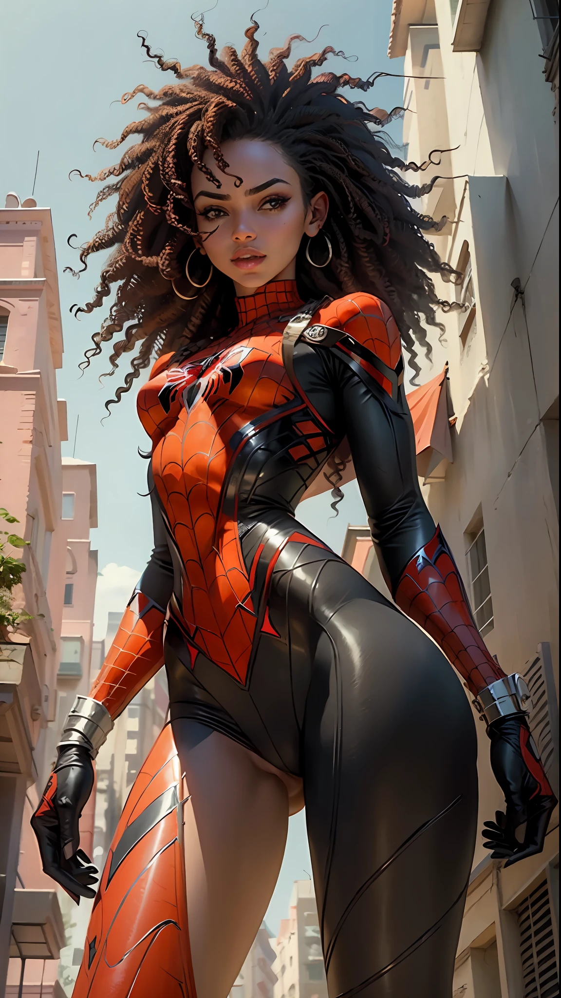 Beautiful woman detailed defined body using spider-man cosplay, small breasts, camel paw, cameltoe, frizzy afro hair, beautiful black Cuban woman