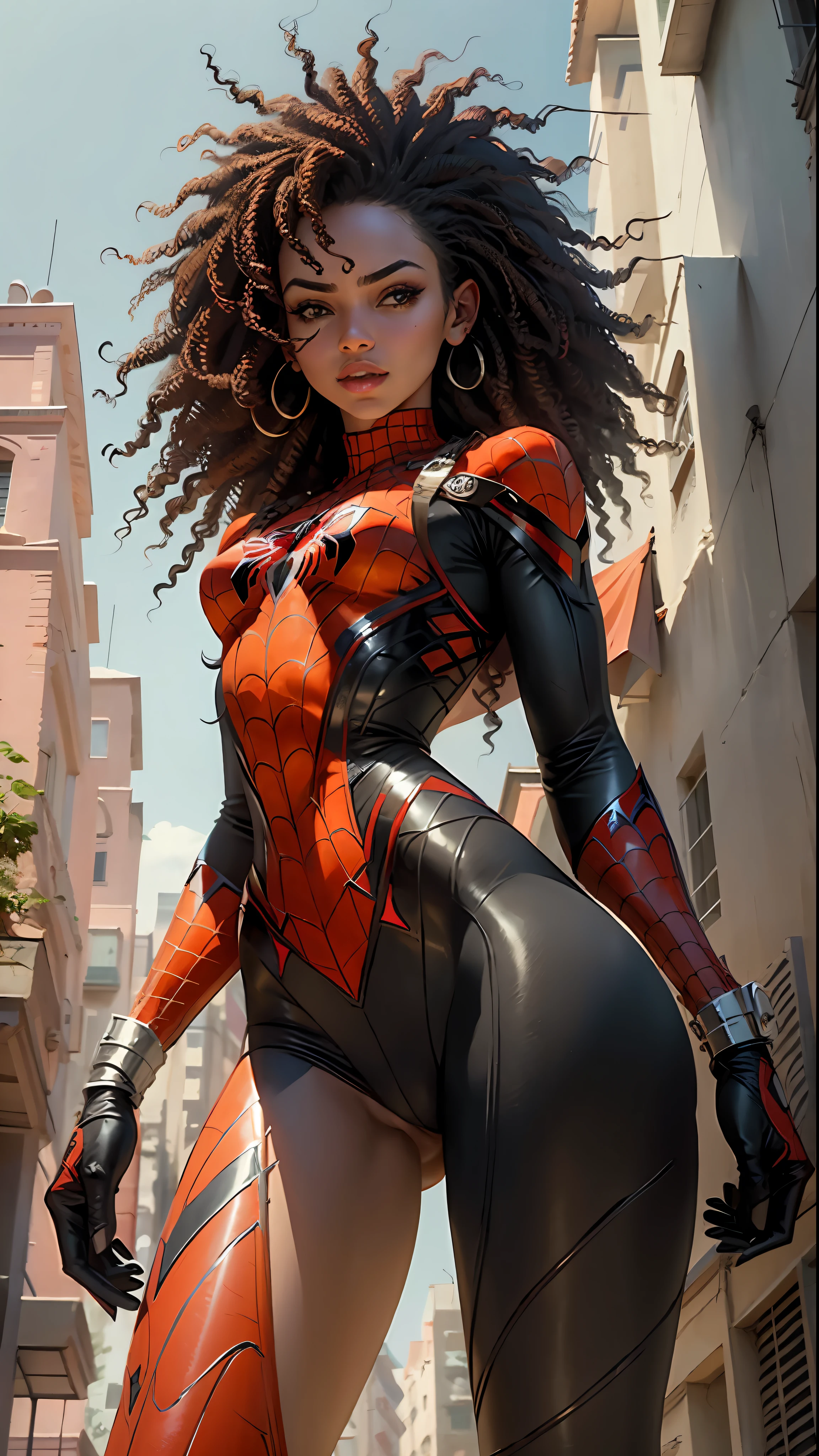 Beautiful woman detailed defined body using spider-man cosplay, small breasts, camel paw, cameltoe, frizzy afro hair, beautiful black Cuban woman