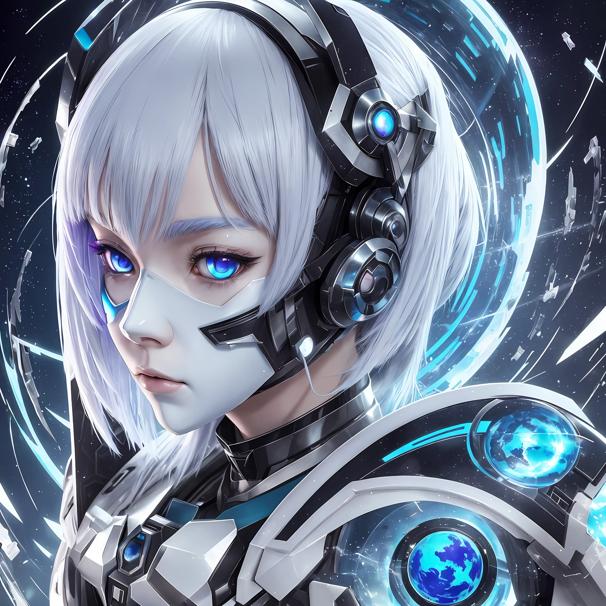 8K, anime, 3D, grimes neofantasy anime CRISPR gene, rei ayanami type, female character, planet earth in her hands, white and blue colors, void in background, elfic ears, fantasy, oily bubbles, henna tatto in her face color white, mask over mouth nose and chin, cyberpunk inspired mask, elegant armor, ethereal art