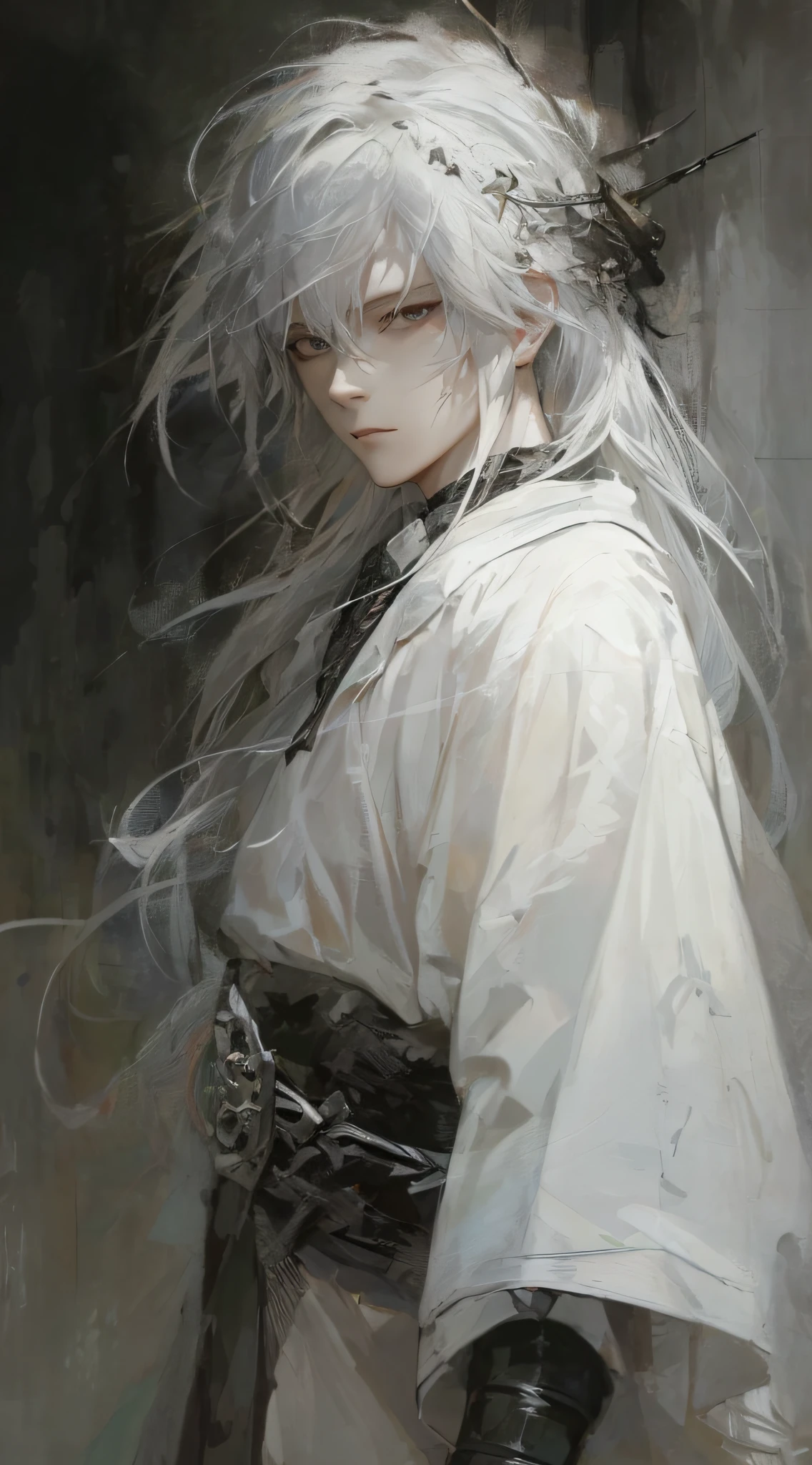 a close up of a person with white hair and a sword, white haired deity, with white long hair, with long white hair, artwork in the style of guweiz, white haired, guweiz, handsome guy in demon slayer art, beautiful character painting, by Yang J, white-haired, guweiz on pixiv artstation, anime character