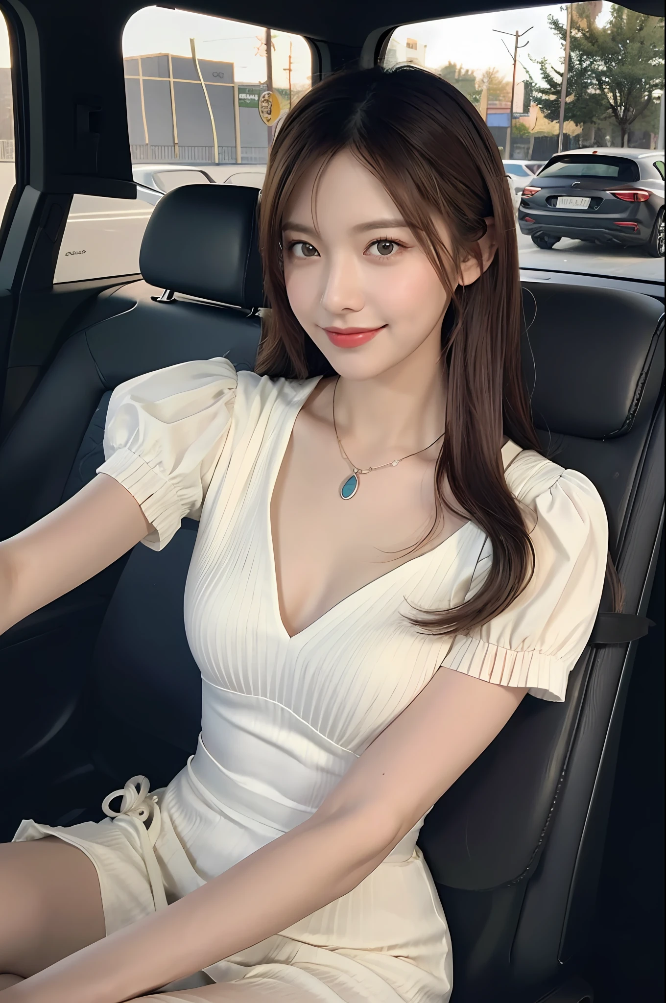 ((Best Quality, 8k, Masterpiece: 1.3)), Focus: 1.2, Perfect Body Beauty: 1.4, Buttocks: 1.2, (Delicate Long Hair)), (White Dress: 1.1) , (Sports car, street: 1.2), Highly detailed face and skin texture, Fine eyes, Double eyelids, Whitened skin, Smile, Wearing necklace, ring, Man sitting inside a car.