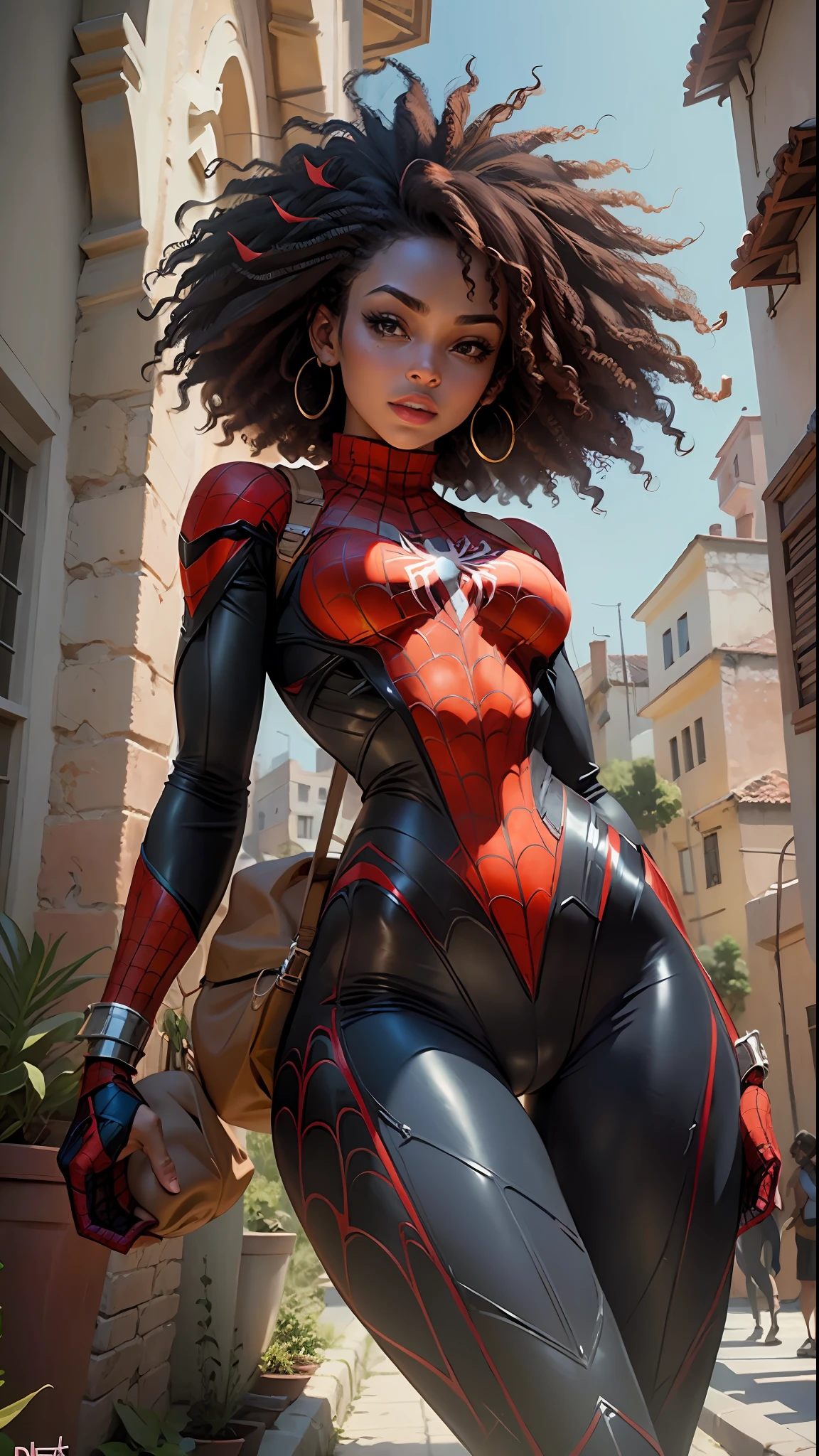 Beautiful woman detailed defined body using spider-man cosplay, small breasts, camel paw, cameltoe, frizzy afro hair, beautiful black Cuban woman