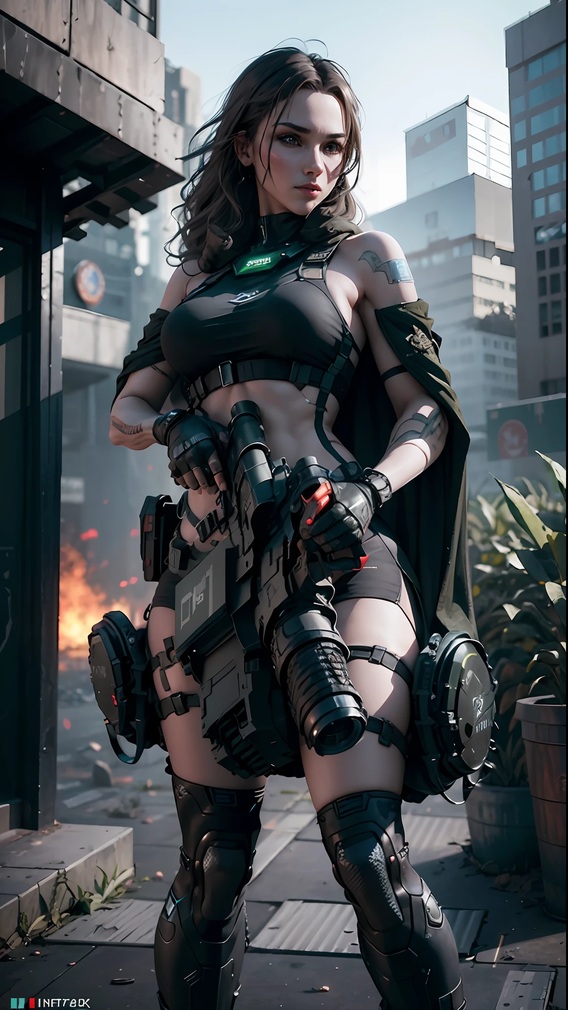 ((Best quality)), ((masterpiece)), (highly detailed:1.3), 3D, beautiful (cyberpunk:1.2) special forces, robort,female with thick voluminous hair wearing (wearing camouflage_uniform:1.1), body armour,cape,digital (camouflage:1.3),HDR (High Dynamic Range),Ray Tracing,NVIDIA RTX,Super-Resolution,Unreal 5,Subsurface scattering,PBR Texturing,Post-processing,Anisotropic Filtering,Depth-of-field,Maximum clarity and sharpness,Multi-layered textures,Albedo and Specular maps,Surface shading,Accurate simulation of light-material interaction,Perfect proportions,Octane Render,Two-tone lighting,Wide aperture,Low ISO,White balance,Rule of thirds,8K RAW,Efficient Sub-Pixel,sub-pixel convolution, big weapon, big cannon on shoulder