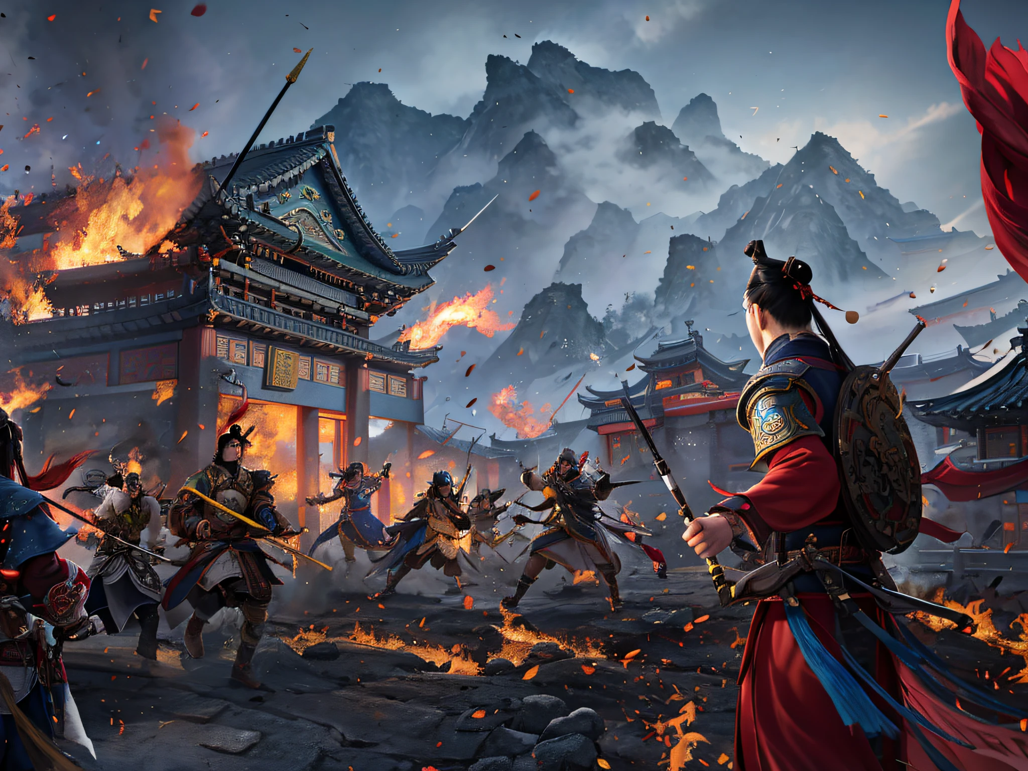 There are many characters in the picture, detailed illustrations of the game art, Cheng Wei Pan on Artstation, inspired by Fenghua Bell, heroic battle scenes, by Yang J, Ismail Inseogloo and Ruan Jia, CGsociety and Fenghua Zhong, Three Kingdoms of China, by Wu Zhun Shifan, background: battle scenes, flames, war fire