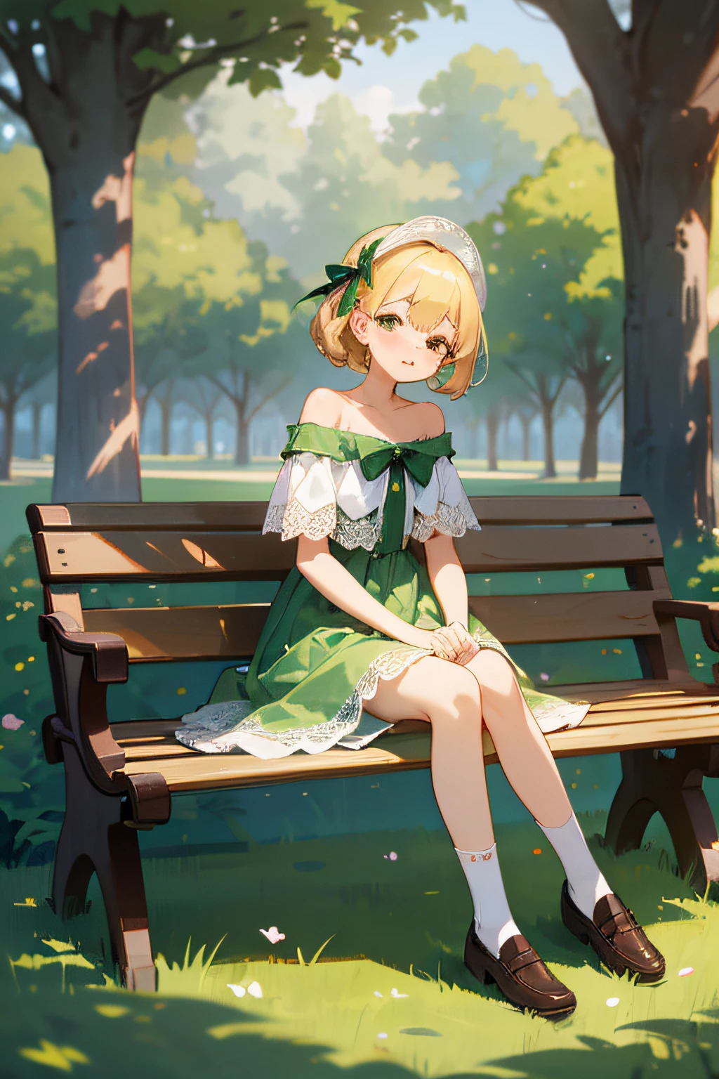 top quality, full body portrait, 1girl, European, blonde hair, delicate face, cute face, 26 year old, mature Female, lifted-up full brests, delicate Vulva,1boy,, imminent penetration, from behind, green summer dress, off-shoulder style, white lace panties, white socks, brown penny loafers, seating on wood bench on lush green lawn in park, Colorful roses are blooming throughout the park, (shot from the front:1.1), looking at viewer 、 --auto --s2