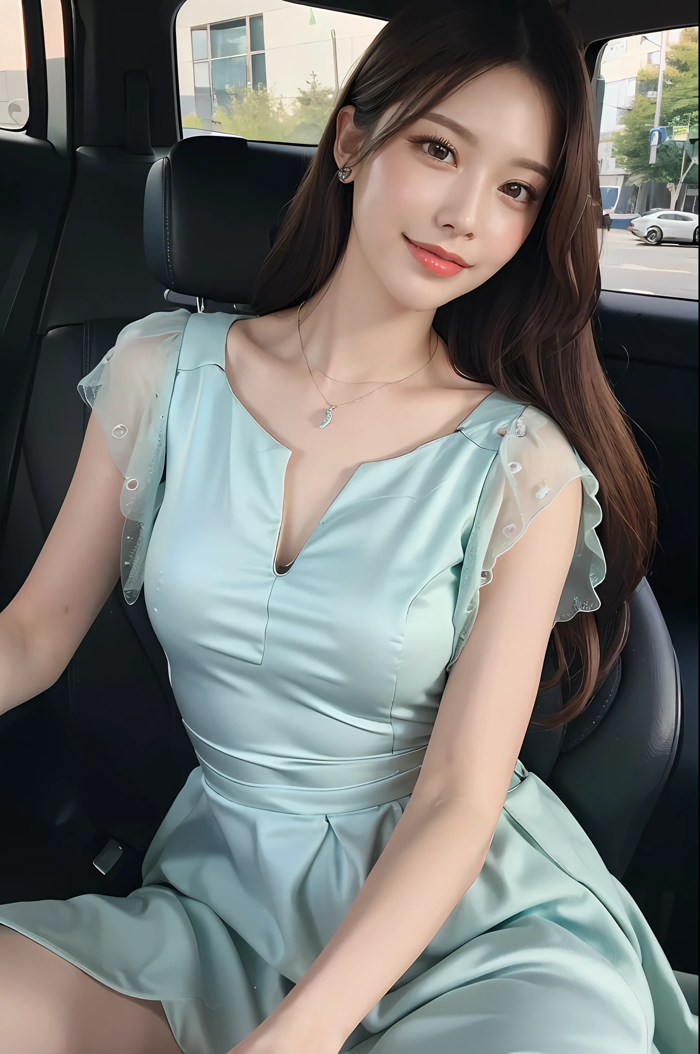 ((Best Quality, 8k, Masterpiece: 1.3)), Focus: 1.2, Perfect Body Beauty: 1.4, Buttocks: 1.2, ((Delicate Long Hair)), (Sparkling Dress: 1.1) , (Sports car, street: 1.2), Highly detailed face and skin texture, Fine eyes, Double eyelids, Whitened skin, Smile, Wearing necklace, ring, person sitting inside a car.