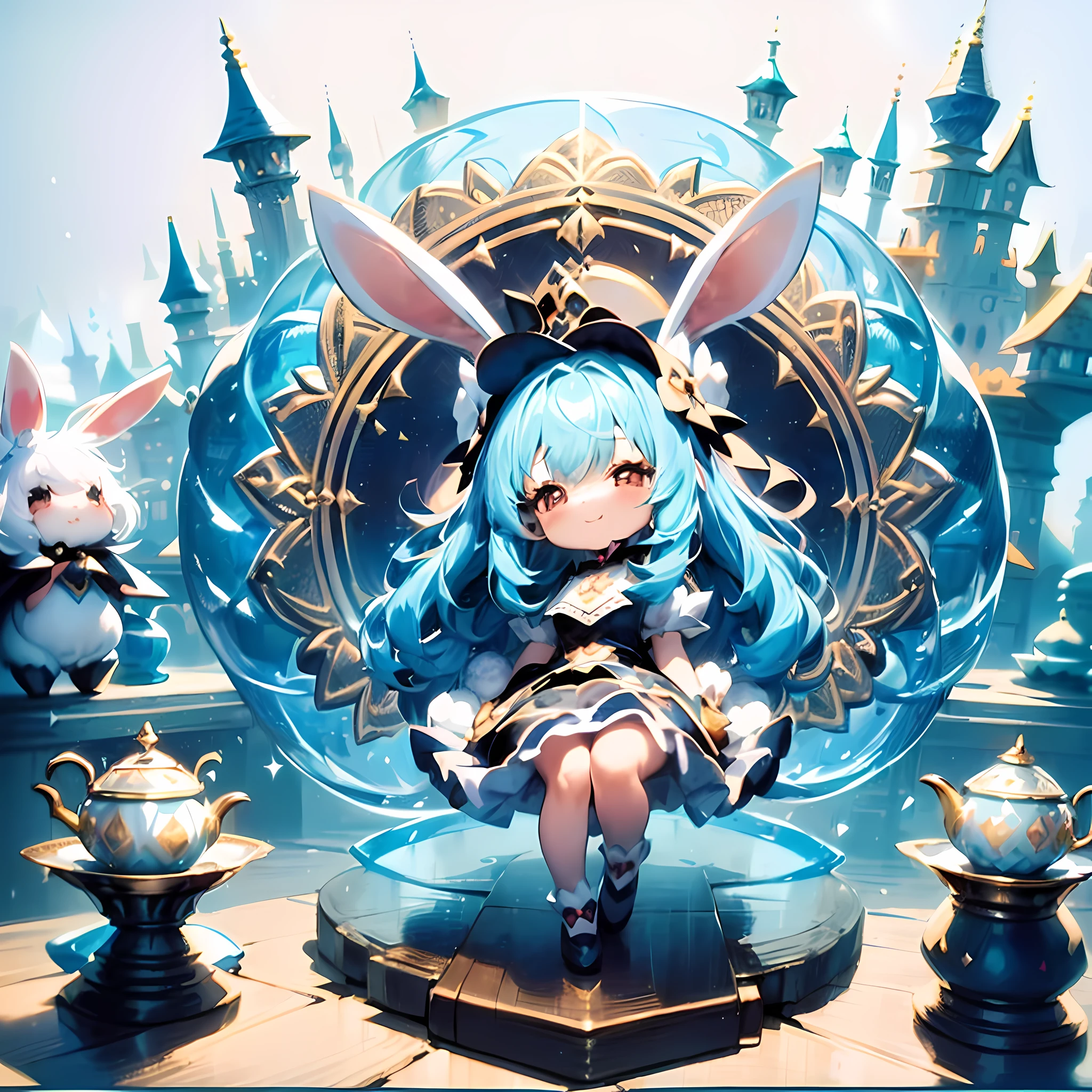 [(white background:1.8] (isometric:1.0), double exposure, lace, wide shot, full body,//1 girl, chibi lop bunny sorceress in tea party, long floppy bunny ears, wearing a big hat, cute and happy, surrounded by vibrant colors and colorful splashes - a true masterpiece! surrounded of cute magical flying items like potions teacups, spoons