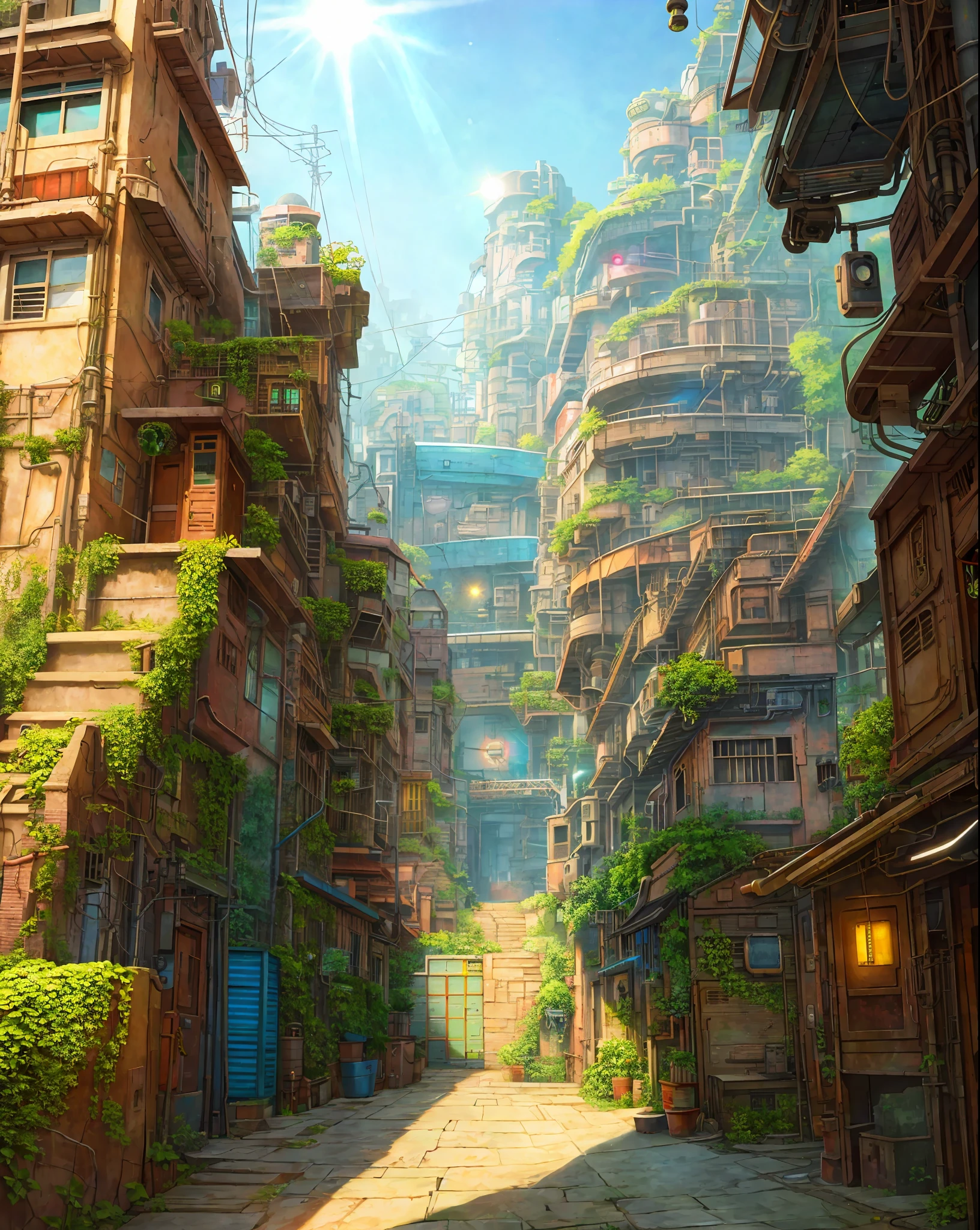 Masterpiece, Best Quality, a humble back alley townscape, futuristic, (solar punk:1.3), warm sunlight, proper lighting, intricate details, lots of greenery, foliage and fauna,