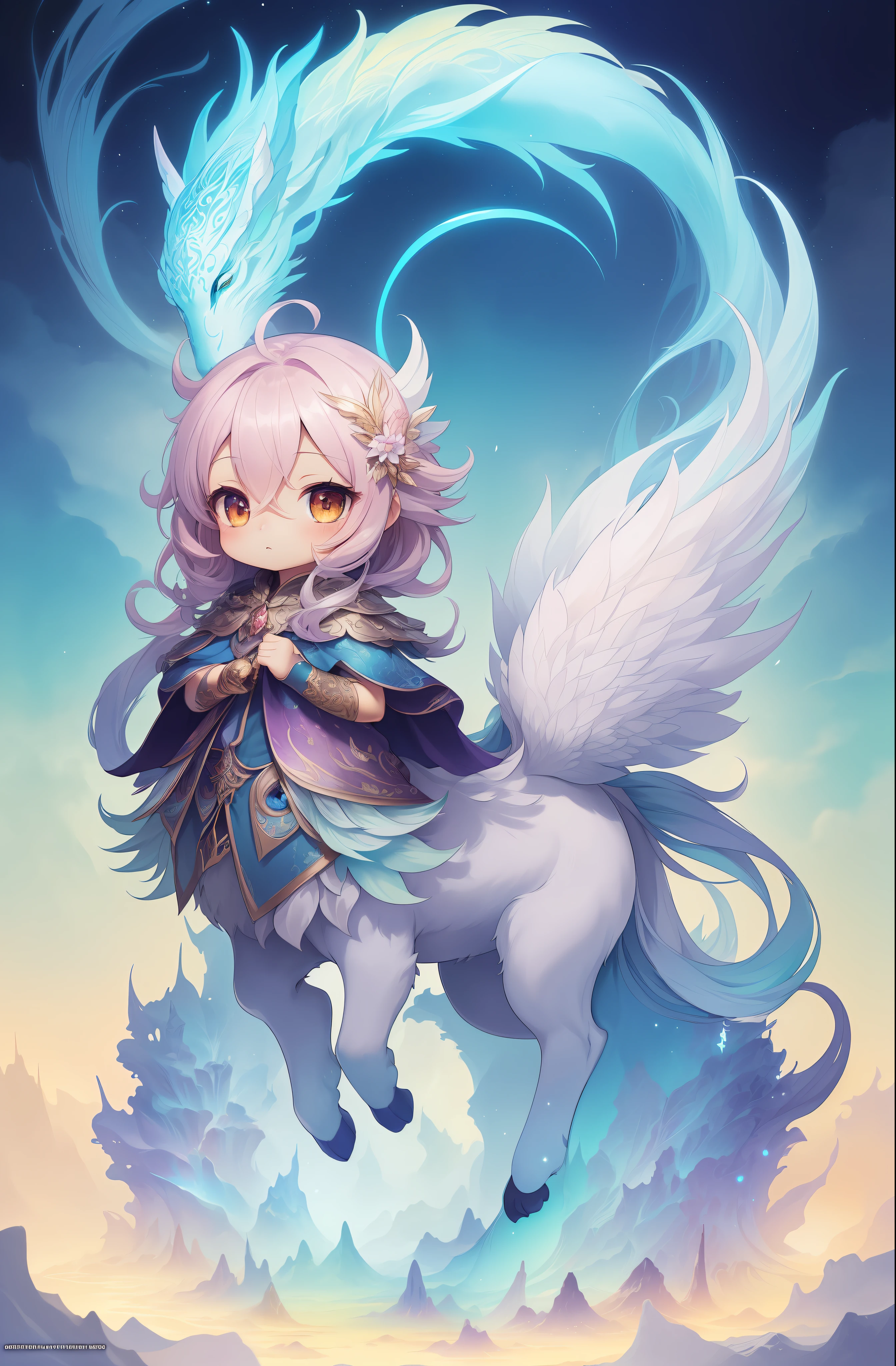 mythical creature, beast, fluffy, gradient color ((best quality)), ((masterpiece)), ( extreme detailed, highest detailed, official art, beautiful and aesthetic:1.2), depth of field, composition, FULL BODY, (CHIBI), (beautiful and detailed eye:1.3), Long tail