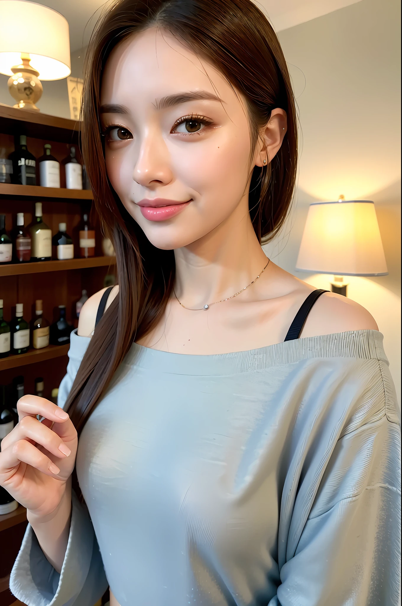 (8k, RAW photo, photorealistic: 1.25), (lip gloss, eyelashes, shiny face, shiny skin, best quality, ultra high resolution, depth of field, chromatic aberration, caustics, wide lighting, natural shading, K-pop idol, off-shoulder, t-shirt), shaded, smile, welcome home expression, living room of a mansion, Scotch whisky on the whisky shelf