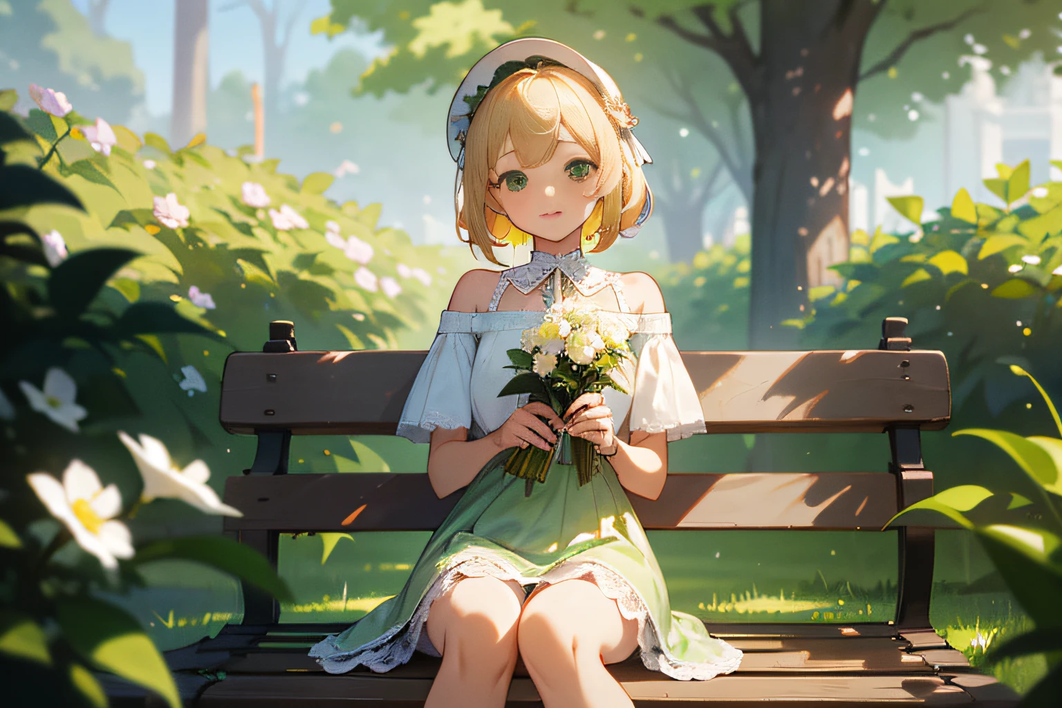 top quality, full body portrait, 1girl, European, blonde hair, delicate face, cute face, 16 year old, mature Female, lifted full brests, delicate Vulva, green summer dress, off-shoulder style, white lace panties, white socks, brown penny loafers, seating on wood bench on lush green lawn in park, Colorful roses are blooming throughout the park, (shot from the front:1.1), looking at viewer 、 --Counterfeit-V3.0 --auto --s2