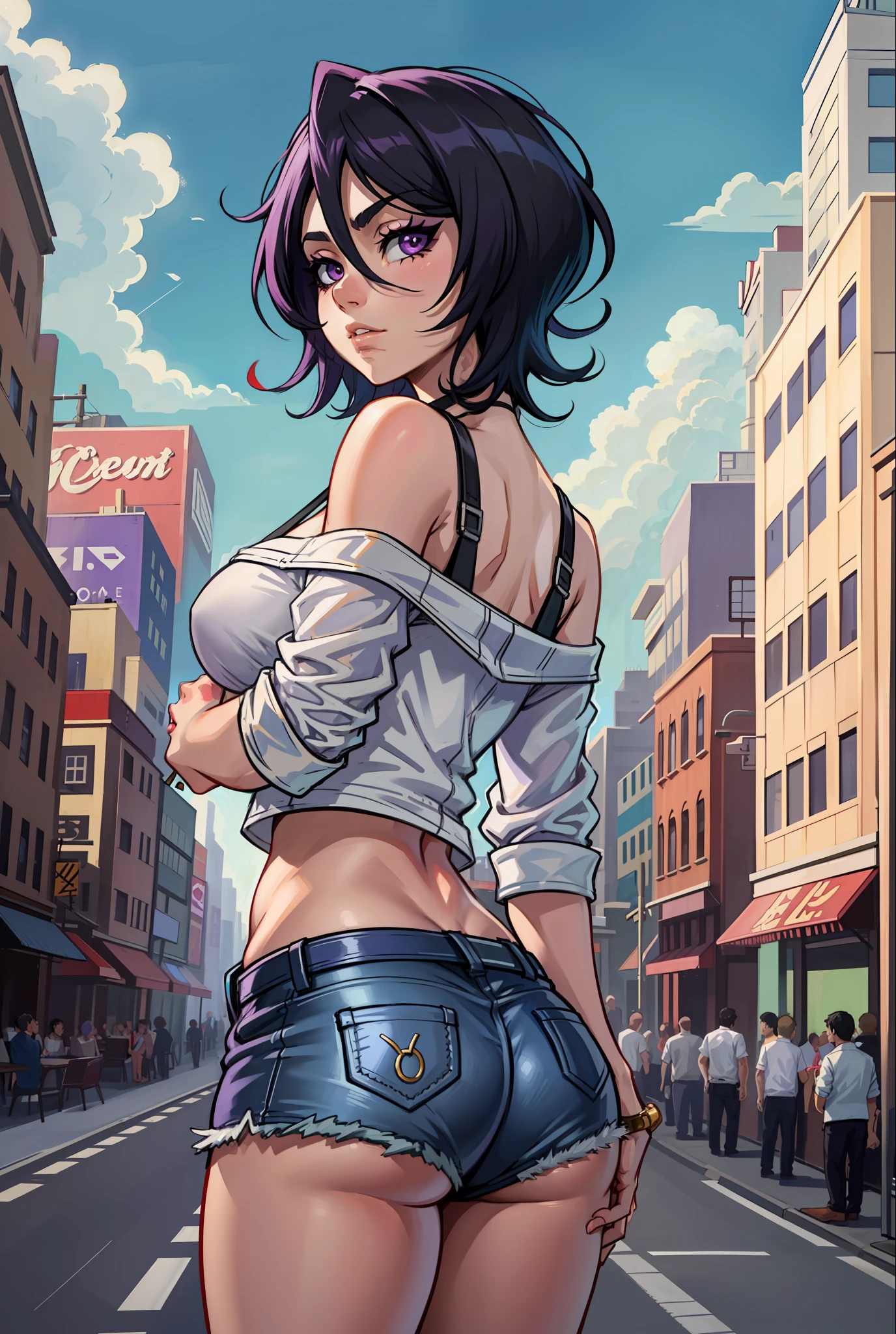 anime screencap, city, 1girl, solo, short hair, black hair, purple eyes, looking at the viewer, hair between eyes, lustful, closed mouth, ass, wide hips, short top, short shorts, blue sky, clouds, erotica, groin neckline