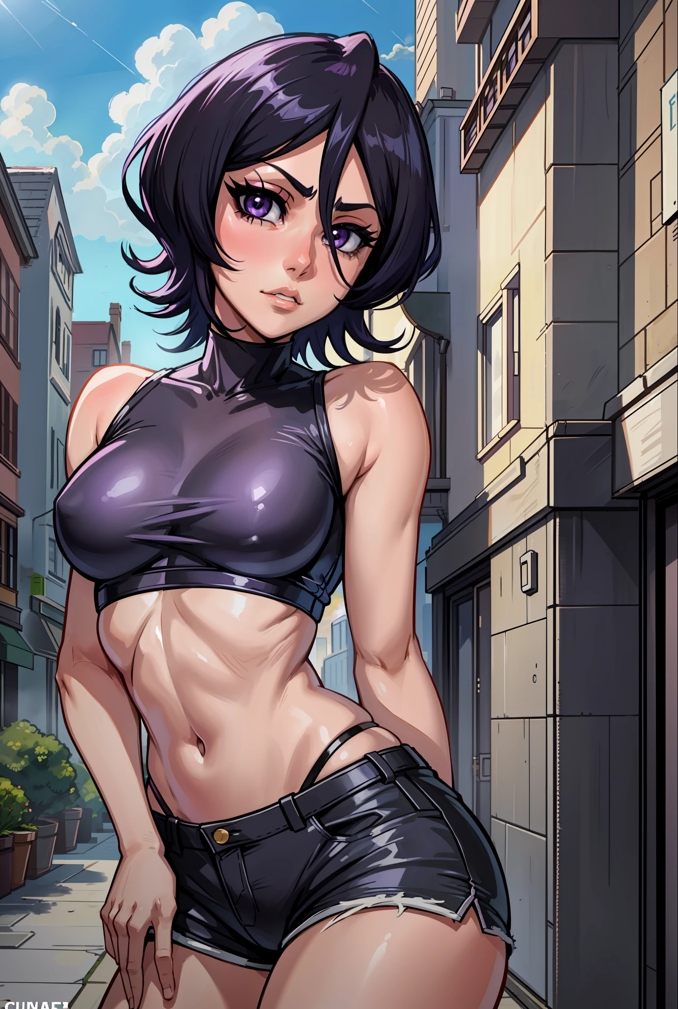 anime screencap, city, 1girl, solo, short hair, black hair, purple eyes, looking at the viewer, hair between eyes, lustful, closed mouth, ass, wide hips, short top, short shorts, blue sky, clouds, erotica, groin neckline