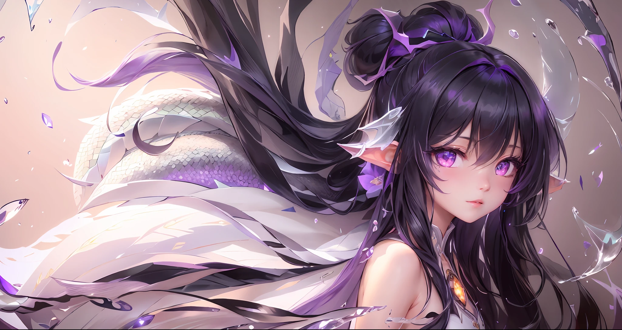chibi,(extremely detailed CG unity 8k wallpaper),(masterpiece),(best quality),(ultra-detailed),(best illustration),(best shadow),(an extremely delicate and beautiful),dynamic angle,floating,finely detail,(bloom),(shine),glinting stars,classic,(painting),(sketch),a girl,(((dragon girl))),dragon horn,vertical pupil,solo,bare shoulders,medium_chest,diamond and glaring eyes,beautiful detailed joyful face,very long black and purple hair,floating black feathers,wavy hair,long and high ponytail,extremely delicate and beautiful girls,beautiful detailed eyes,pink eyes,glowing eyes,sparkles,((petals)),dragon background,(((water))),glass fragments,white background