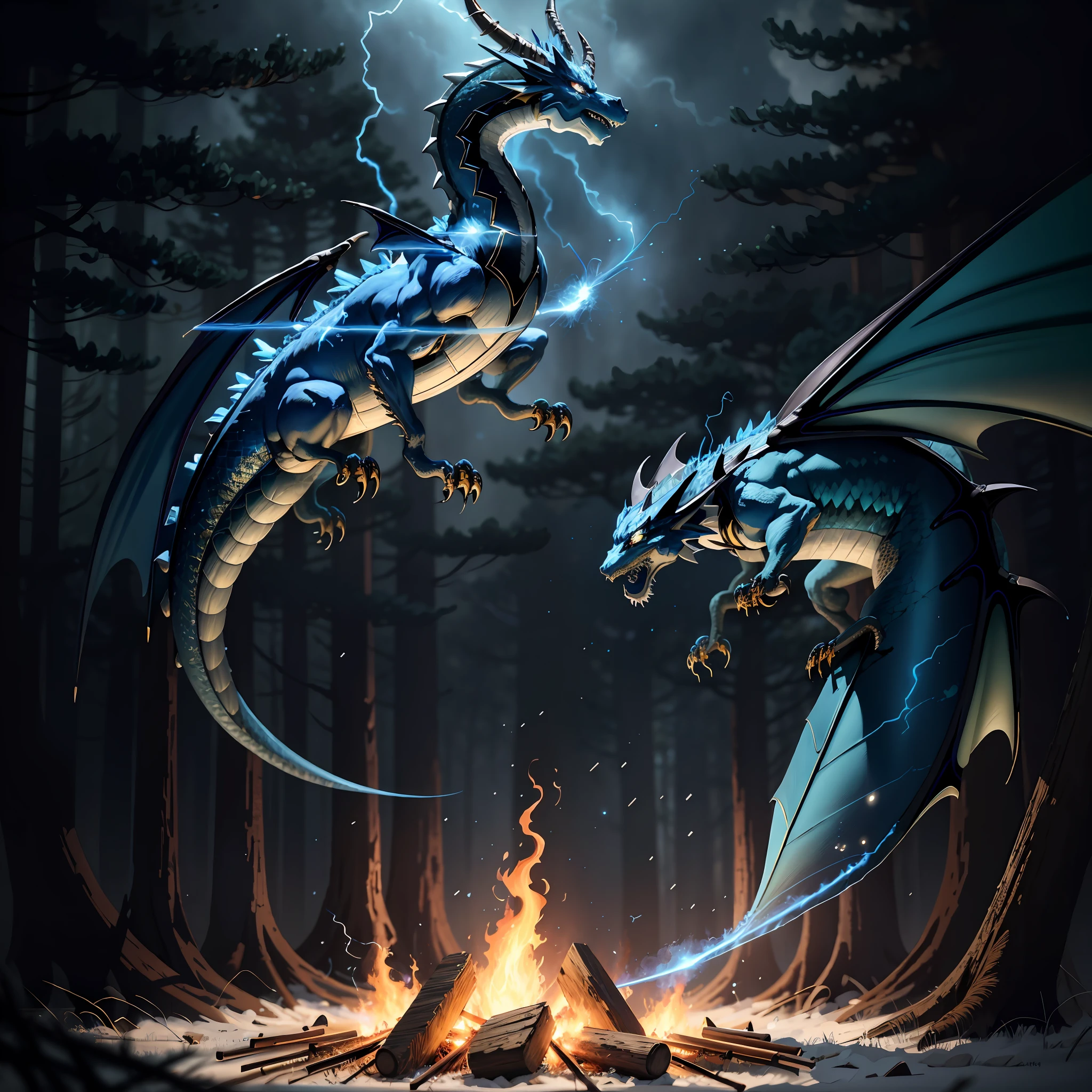 (blue and black lightning particles emit around the fire-breathing magic dragon), background is dark forest, clear HD, 8K resolution, very detailed, digital painting, concept art, Shinkai Makoto style, pop popularization trend, pop, pop trend.