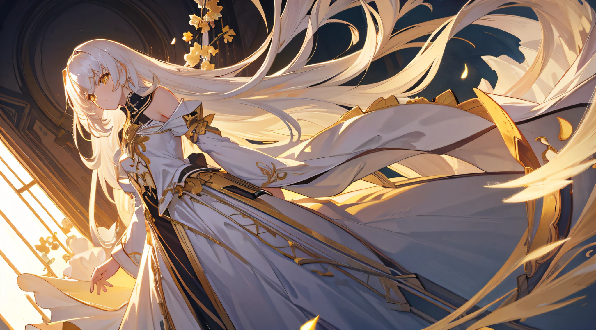 an extremely delicate and beautiful CG illustration, best quality, high resolution, dynamic angle, full-length shot, (1girl), yellow eyes and straight long white hair, floating, soft light, high-key lighting)