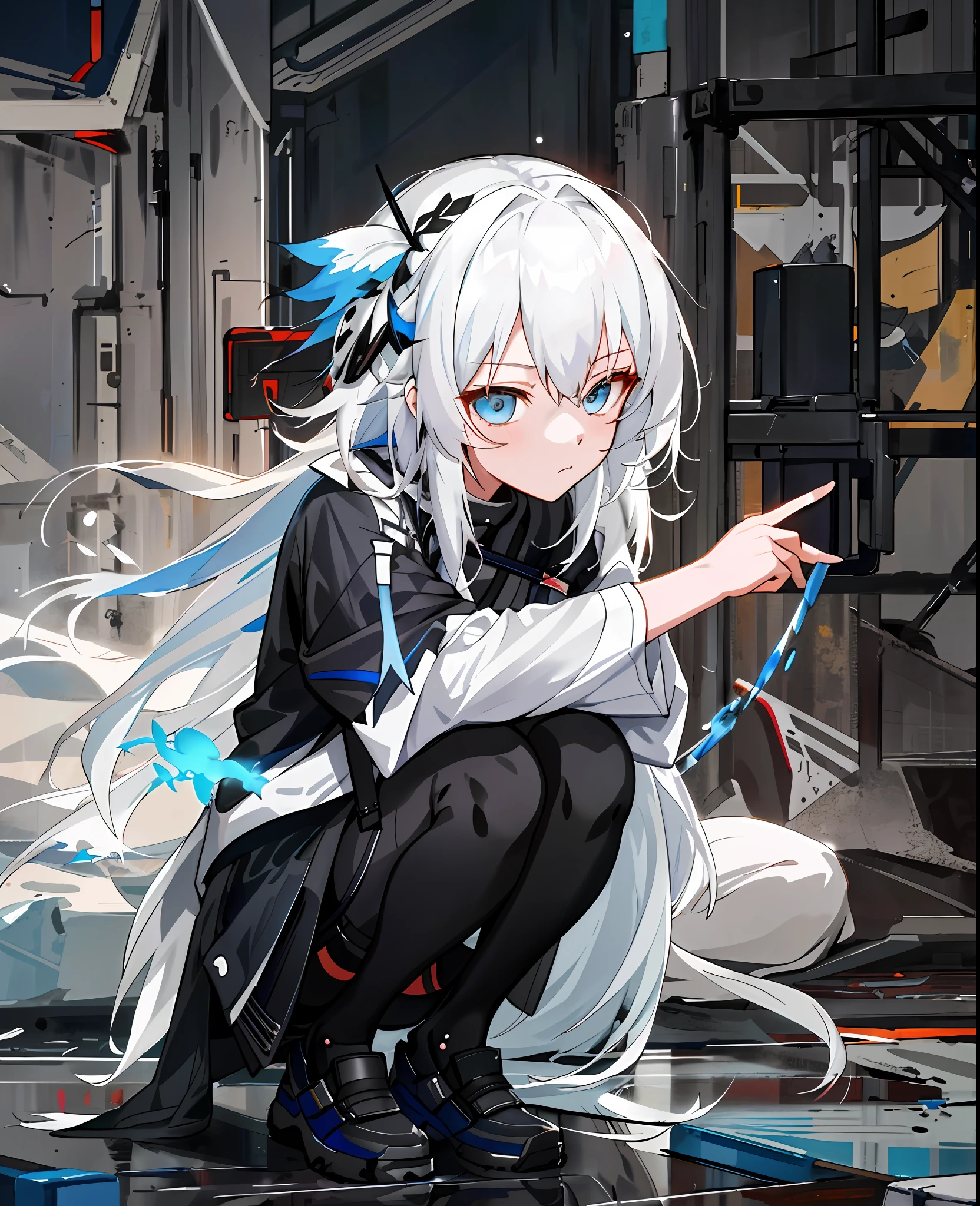anime girl with white hair and blue eyes sitting on a floor, from arknights, from girls frontline, guweiz, artwork in the style of guweiz, the anime girl is crouching, girls frontline style, anime visual of a cute girl, girl with white hair, girls frontline cg, splash art anime loli, girls frontline universe