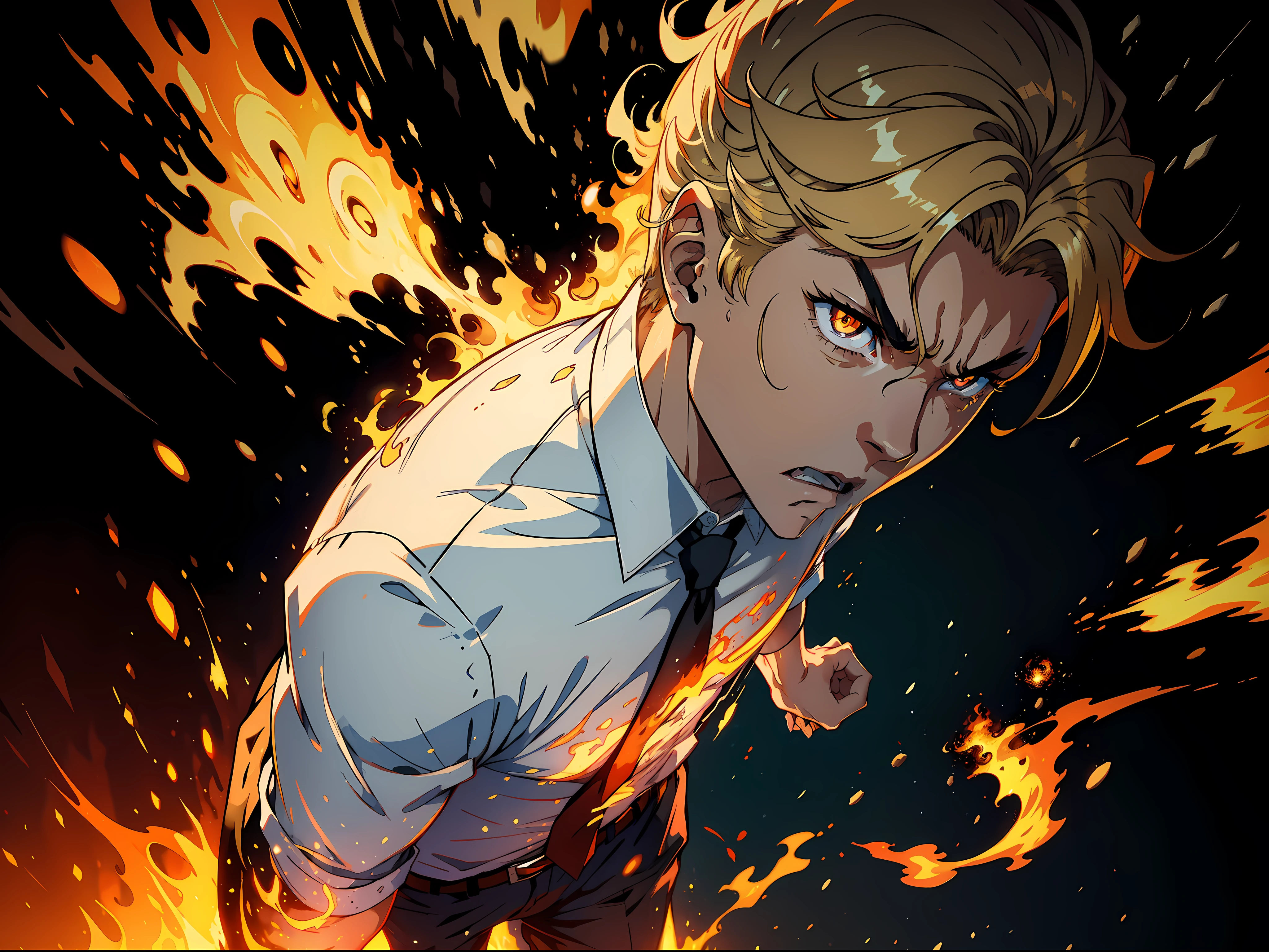 1 Man, Handsome, White Shirt, Angry, Brunette Hair, Blonde Pupils, Eyes Bursting with Fire, Surrounded by Flames, Full Body: 1.2, Surrealism