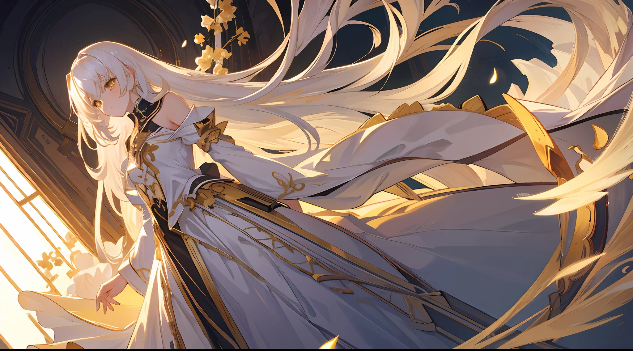 an extremely delicate and beautiful CG illustration, best quality, high resolution, dynamic angle, full-length shot, (1girl), yellow eyes and straight long white hair, floating, soft light, high-key lighting)