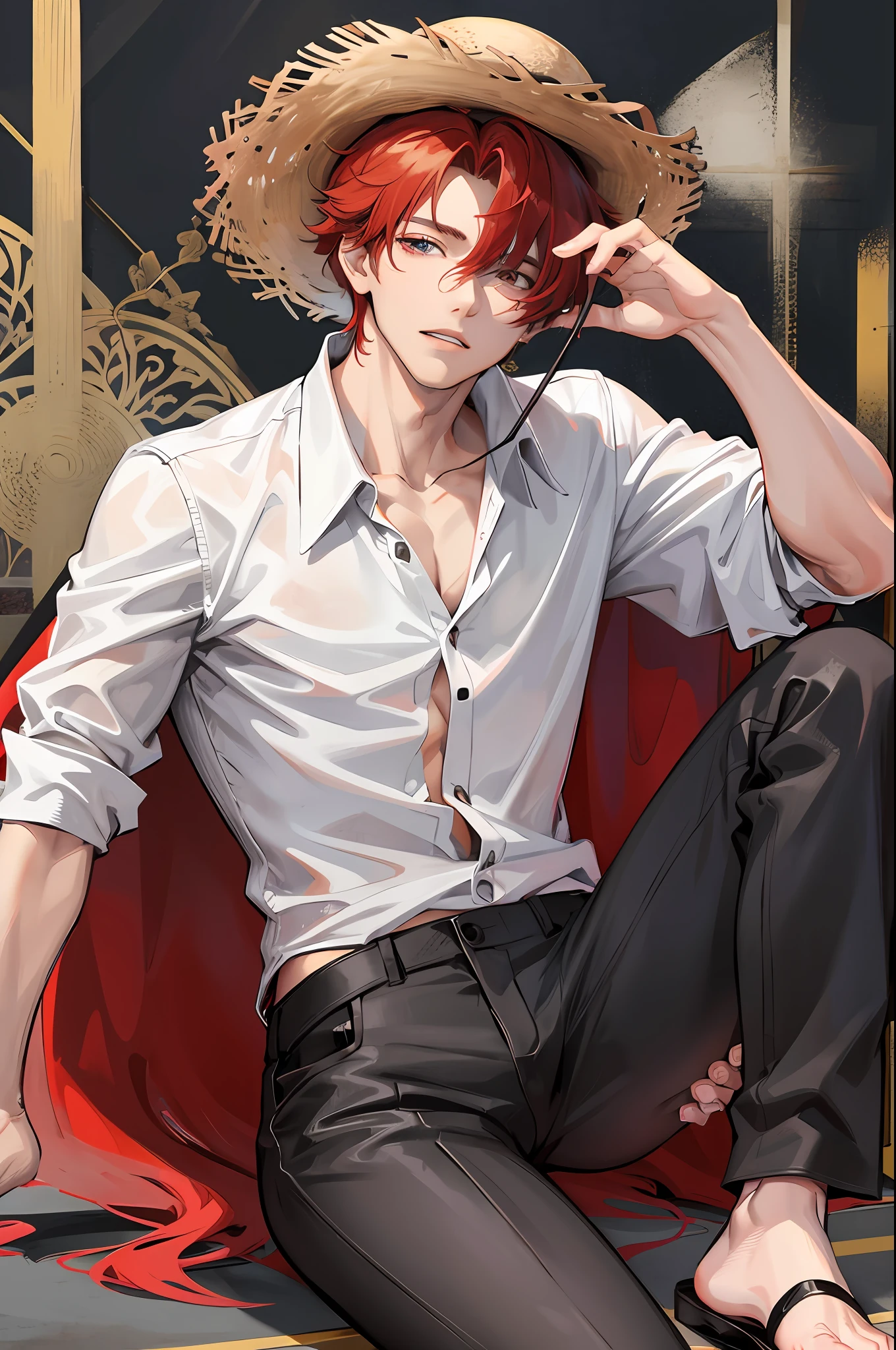 A man with a well-proportioned body with red hair, three scars on his left eye, short stubble on the side of his mouth, and a bite off his left arm. He wears a white shirt, half buttons, a long black cape, brown cropped pants printed with patterns, flip-flops at his feet, and a straw hat, One Piece, Shanks,