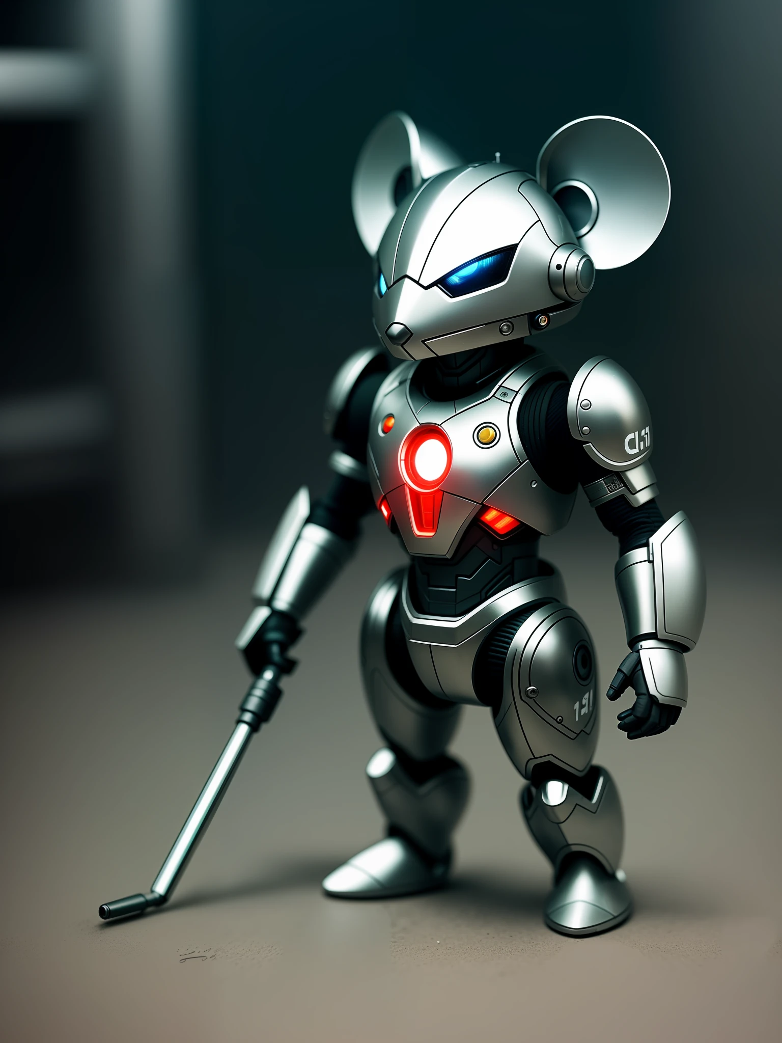 A cute little mouse in metal armor, (cyborg: 1.1), ([tail | detailed wire]:1.3), (complex details), HDR, (hyperdetailed: 1.2), cinematic shot, vignette, centered