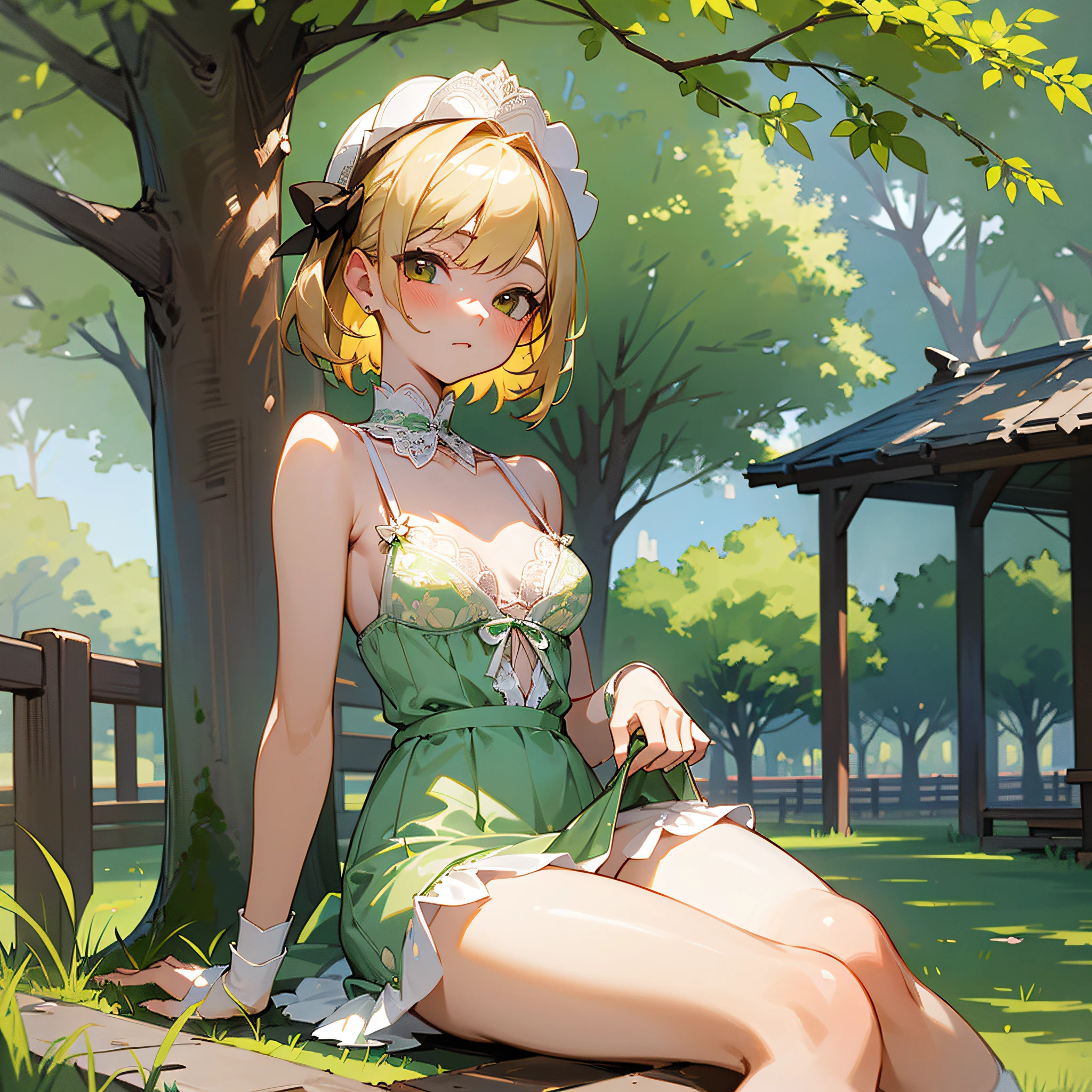 top quality, full body portrait, 1girl, European, blonde hair, delicate face, cute face, 16 year old, mature Female, lifted full brests, delicate Vulva, green summer dress, small lace bra, white lace small panties, white socks, brown penny loafers, seating on the wooden bentch on lush green lawn in park, Colorful roses are blooming throughout the park, (shot from the front:1.1), looking at viewer 、 --Counterfeit-V3.0 --auto --s2