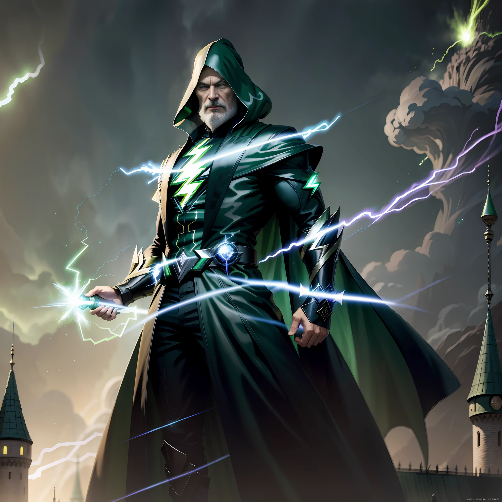 (Green and black lightning particles emanating around the evil wizard), background around the wizard tower, clear HD, 8K resolution, very detailed, digital painting, concept art, Shinkai Makoto style, pop popularization trend, pop, pop trend.