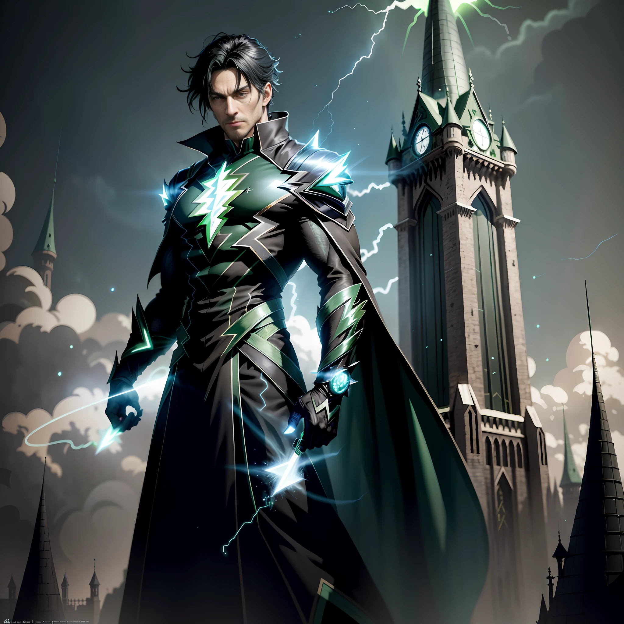 (Green and black lightning particles emanating around the evil wizard), background around the wizard tower, clear HD, 8K resolution, very detailed, digital painting, concept art, Shinkai Makoto style, pop popularization trend, pop, pop trend.