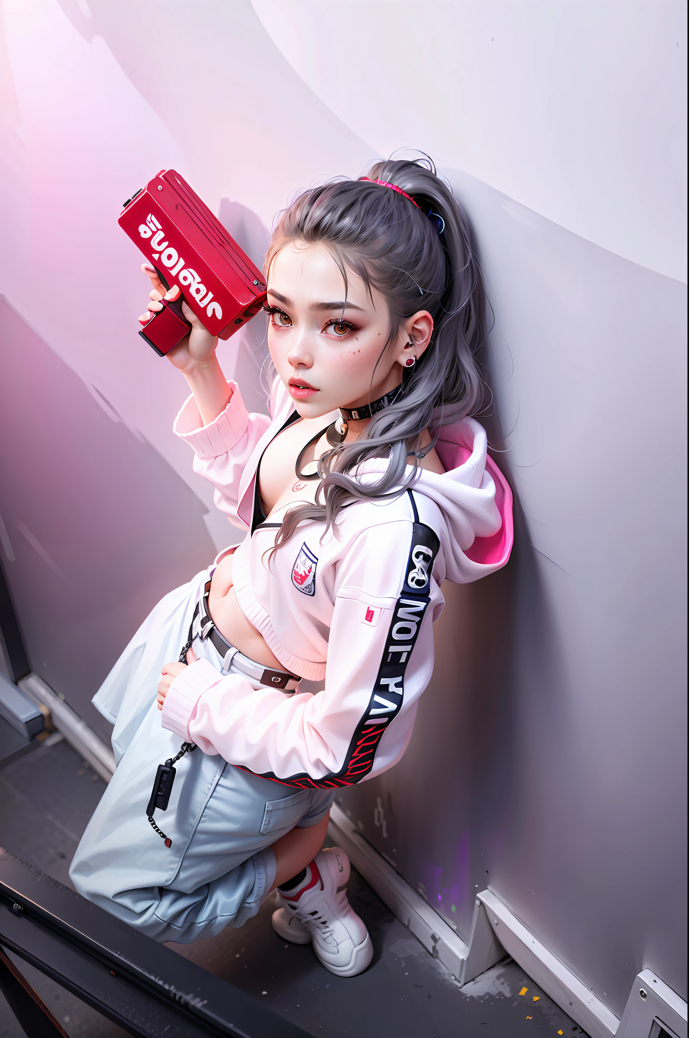 Silver-gray girl with long ponytail holding red pistol, e-girl, cyberpunk, (masterpiece), (realism: 1.3), super detail, (high detail skin: 1.2), (best quality: 1.0), (ultra-high resolution: 1.0), (ulzzang-6500: 0.3),