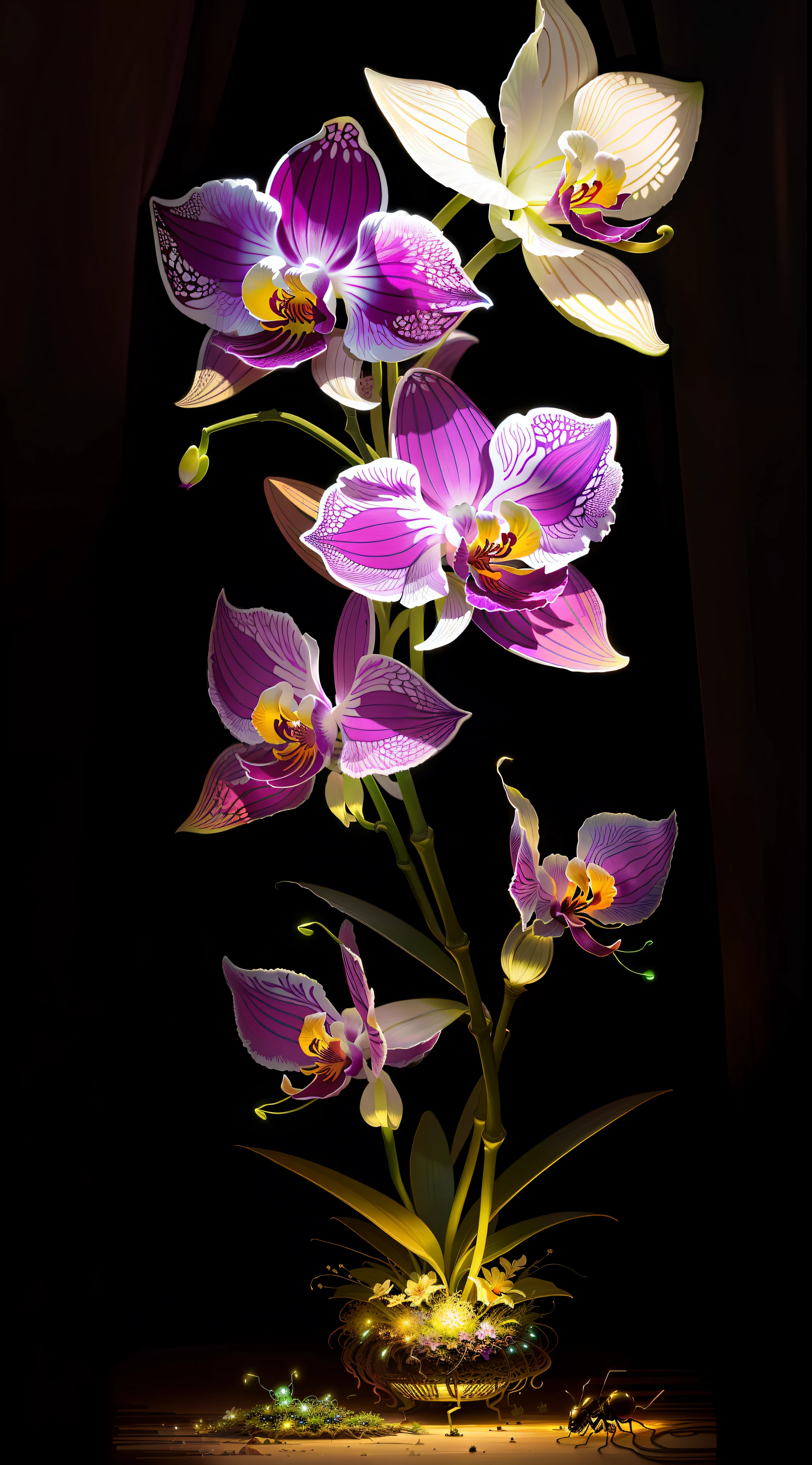 Ant nest filled with glow in the dark orchids, art, fantasy