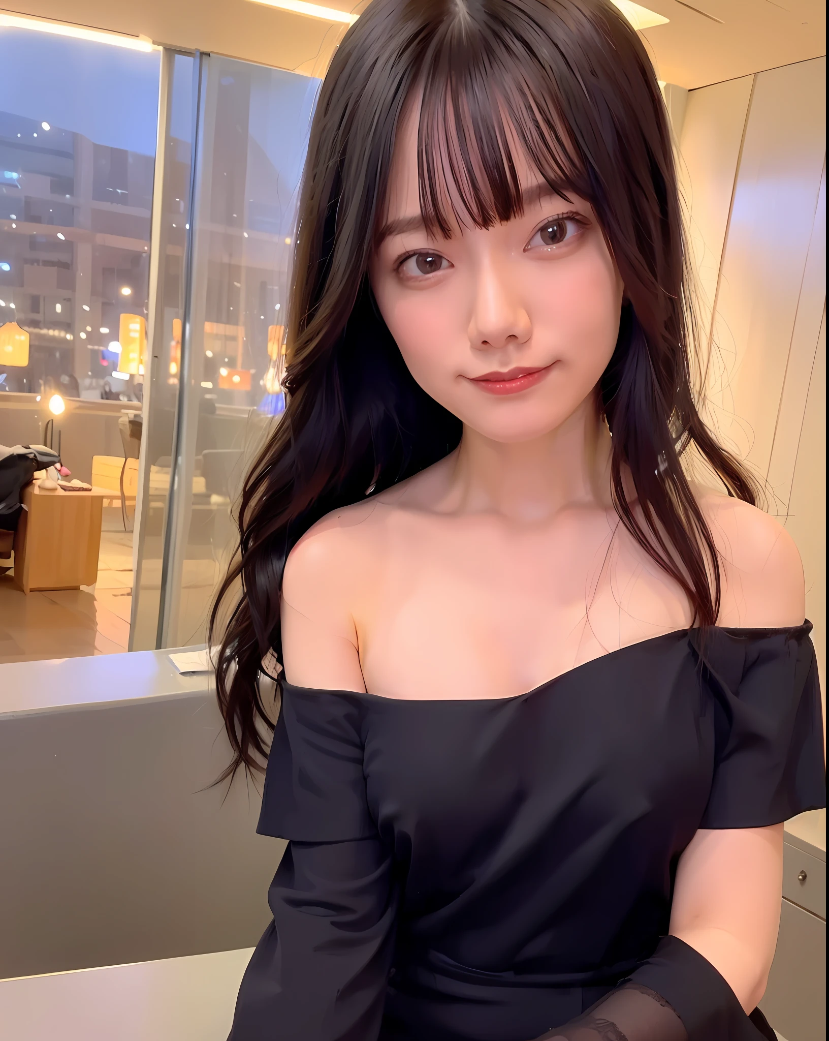 Top Quality, Photorealistic, 8K, High Definition, One Girl, Female, (Professional Lighting), (Portrait:0.6), (Off-Shoulder Dress:1.72), Gorgeous, Black Hair,Ash, (Long Hair:1.2), (1.4), (Viewers Watch: 1.6)), (Look into Camera), Photorealistic, (Bokeh), ( Portate:0.6), (Dynamic Pose:1.2), SFW, (Smile:1.6),Office Casual,Marunouchi