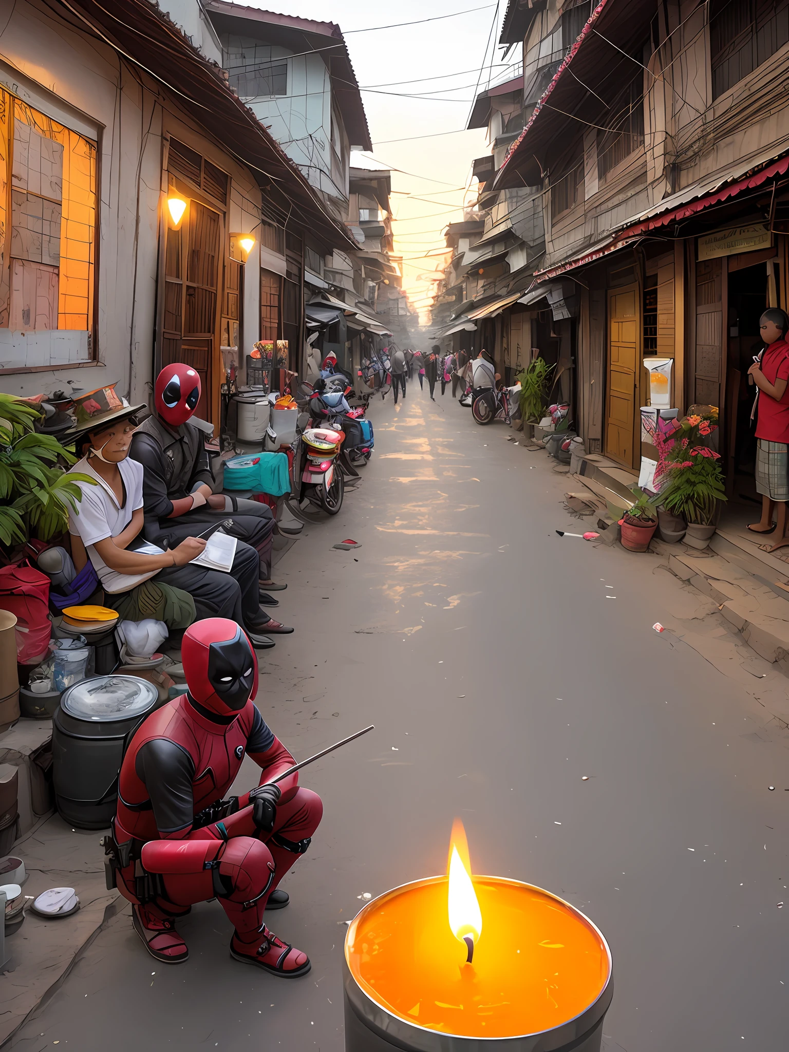 Dead pool visit Myanmar poor quarter,background is tea shop,Street haie cut,bad street,Dead pool hold candle and lighter,Time is sunset