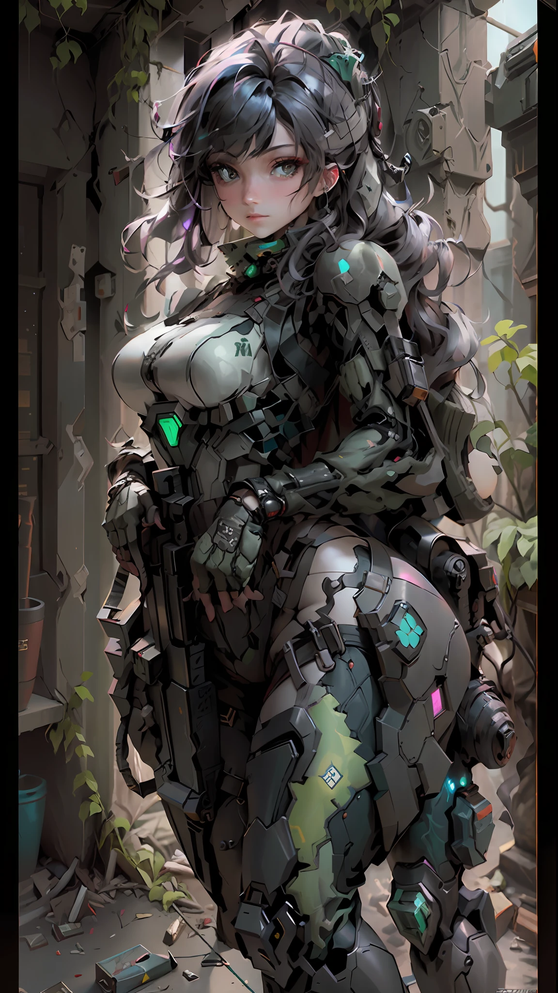 ((Best quality)), ((masterpiece)), (highly detailed:1.3), 3D, beautiful (cyberpunk:1.2) special forces, robort,female with thick voluminous hair wearing (wearing camouflage_uniform:1.1), body armour,cape,digital (camouflage:1.3),HDR (High Dynamic Range),Ray Tracing,NVIDIA RTX,Super-Resolution,Unreal 5,Subsurface scattering,PBR Texturing,Post-processing,Anisotropic Filtering,Depth-of-field,Maximum clarity and sharpness,Multi-layered textures,Albedo and Specular maps,Surface shading,Accurate simulation of light-material interaction,Perfect proportions,Octane Render,Two-tone lighting,Wide aperture,Low ISO,White balance,Rule of thirds,8K RAW,Efficient Sub-Pixel,sub-pixel convolution, big weapon, big cannon on shoulder