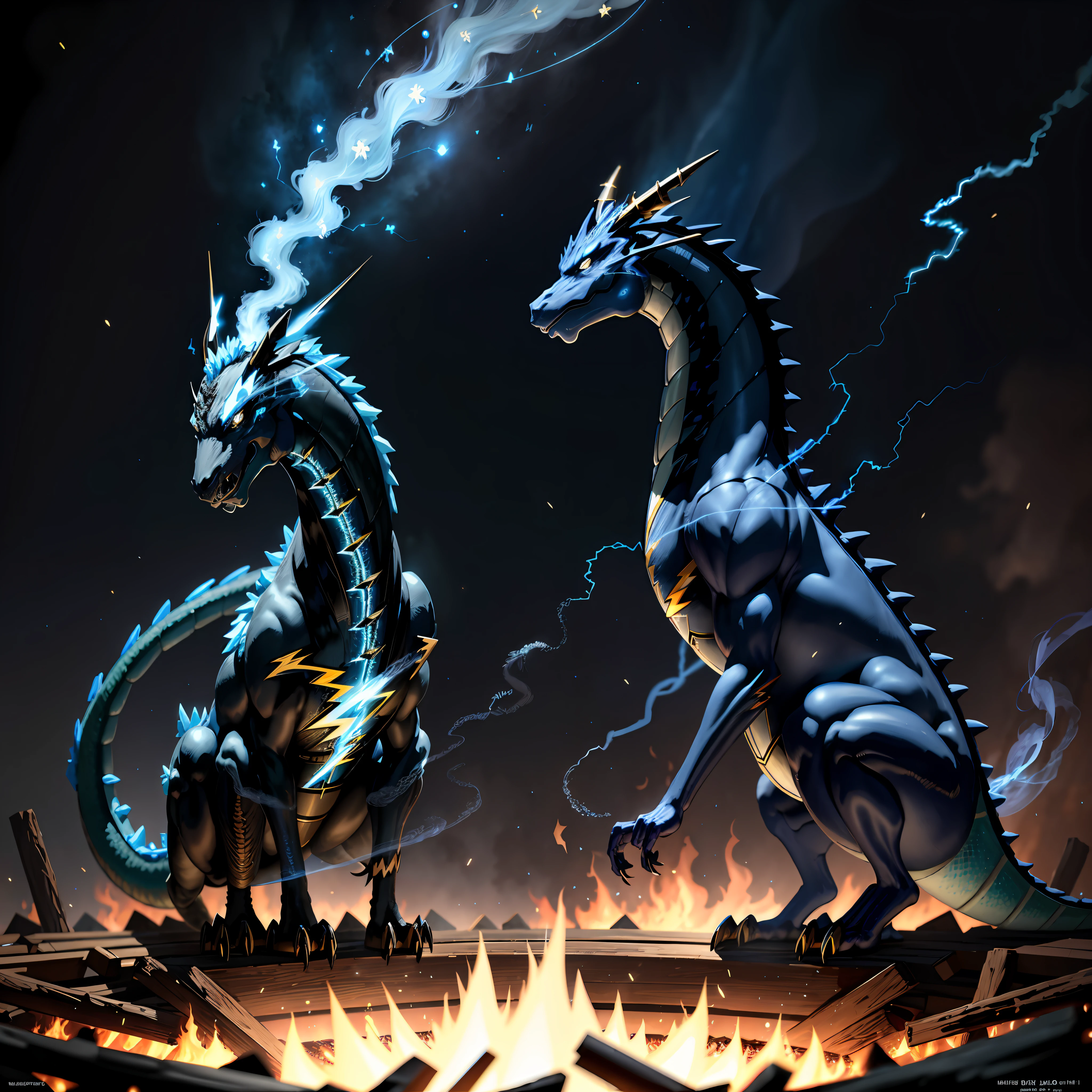 (blue and black lightning particles emit around the fire-breathing magic dragon), background is dark forest, clear HD, 8K resolution, very detailed, digital painting, concept art, Shinkai Makoto style, pop popularization trend, pop, pop trend.