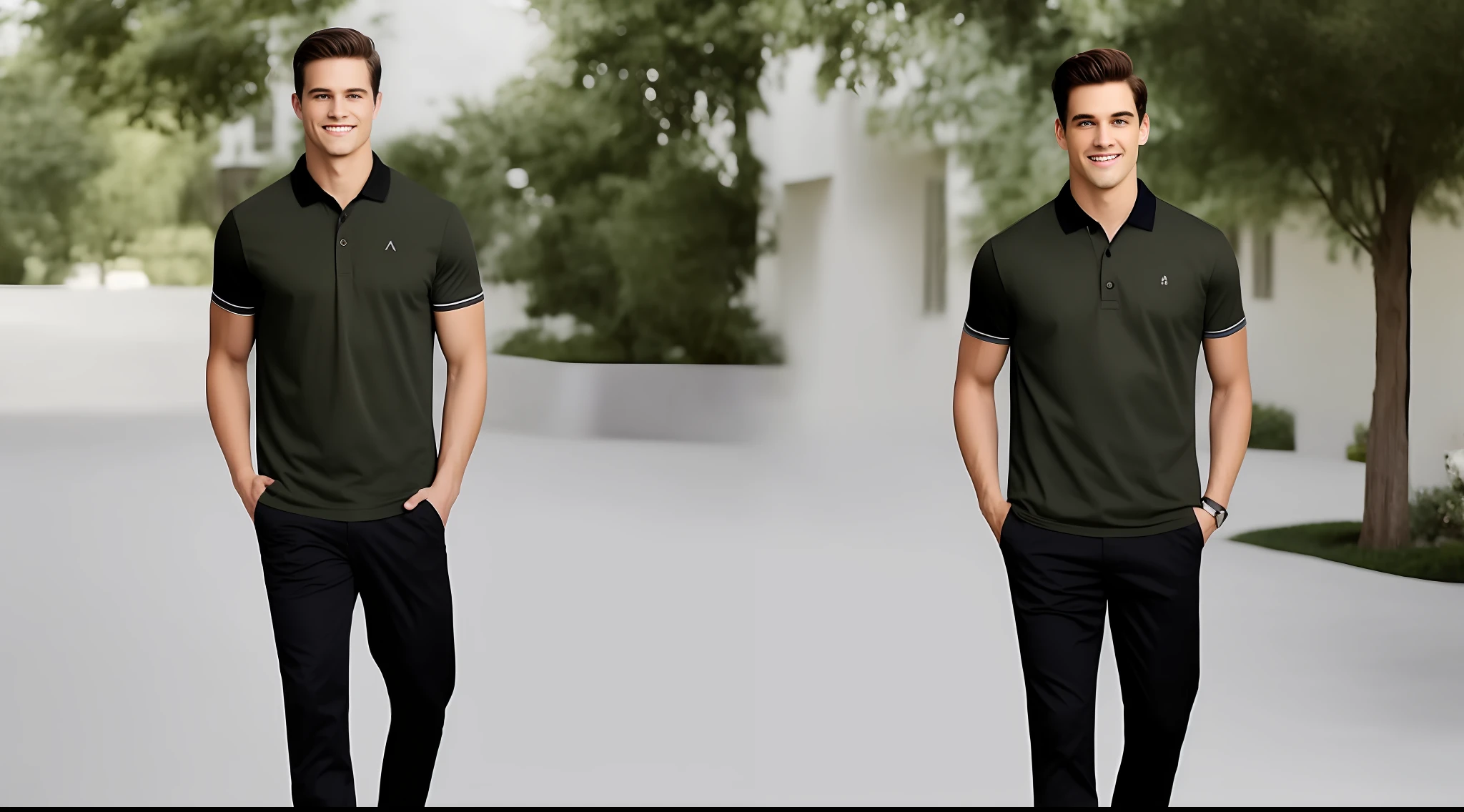 "Dark grey polo shirt with khaki tapered pants."