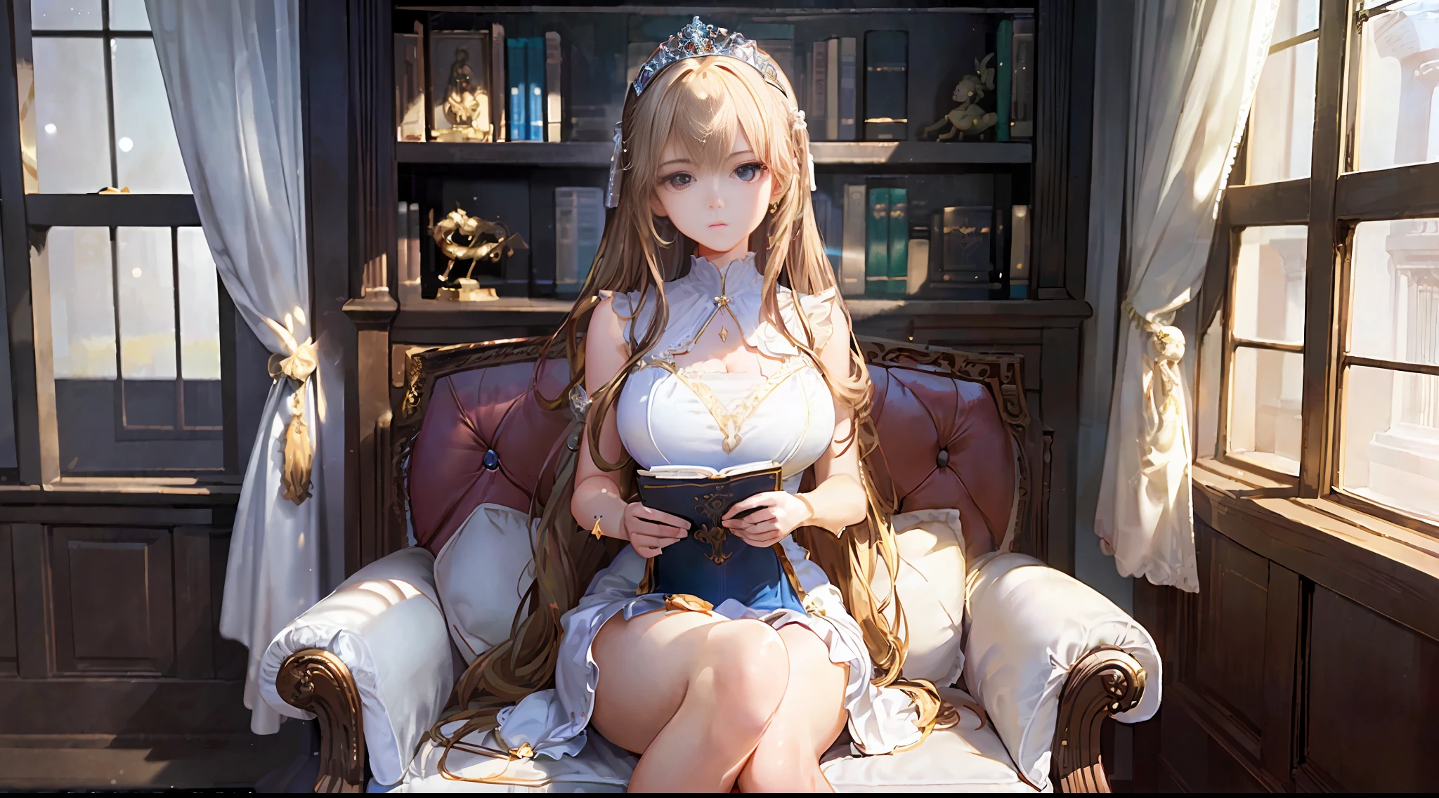 (((Masterpiece)))), ((highest quality)))), (((Super detail)))), (High definition CG illustration), ((Very delicate and beautiful))),(Cute delicate face),20 year old girl,Plump breasts,Cinematic light solo,Full body,Sitting in a big chair,Blonde super long,Expressionless,(Character focused),Science Fiction,(Tiara)),(( Elegant dress)),(study with many bookshelves)