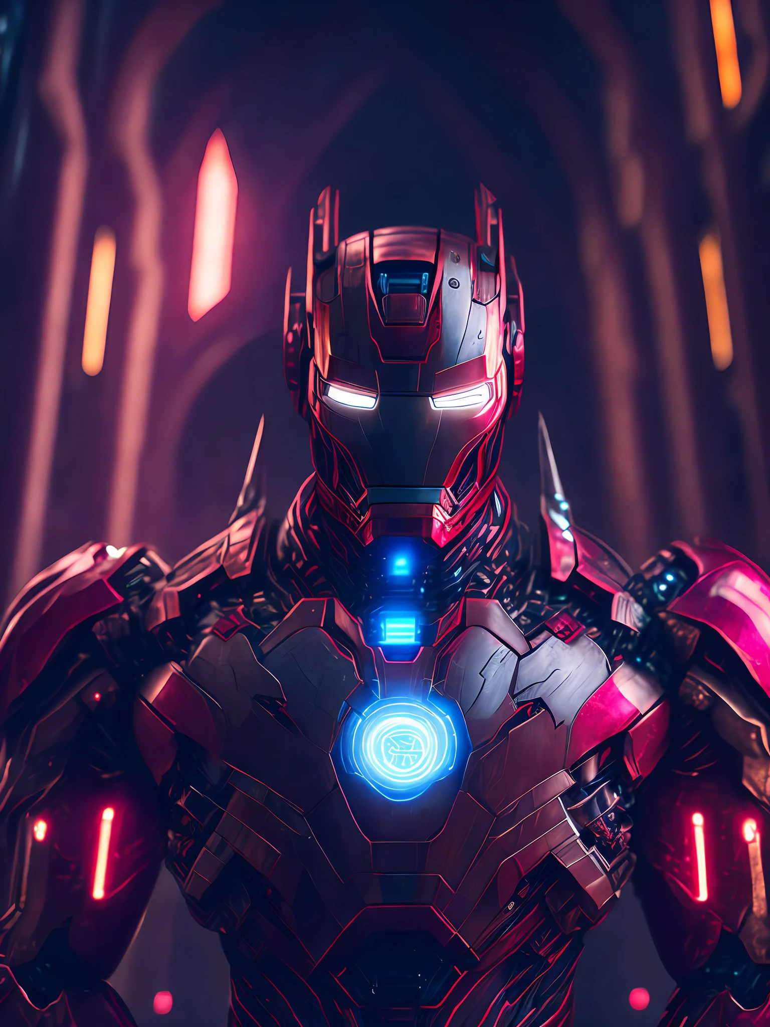 a somber portrait of Ultimate Iron Man from Marvel Comics with intricate angular cybernetic implants inside a brutalist building, a gothic brutalist cathedral, cyberpunk, an award-winning photo, bokeh, neon lights, a cybernetic limb