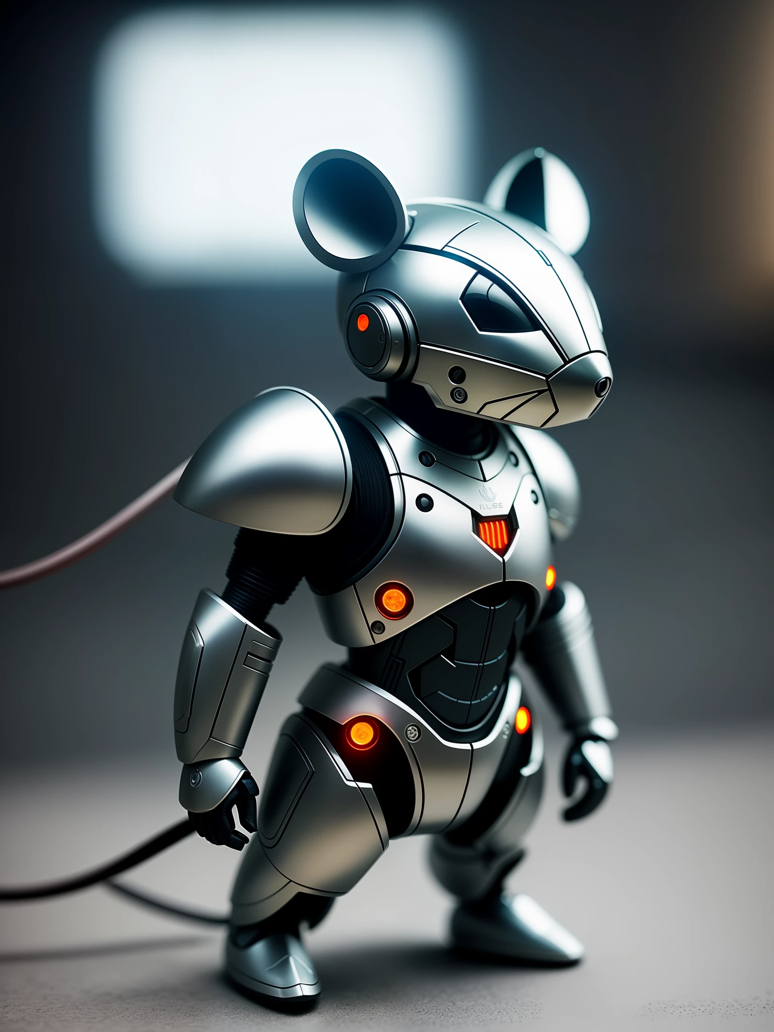 A cute little mouse in metal armor, (cyborg: 1.1), ([tail | detailed wire]:1.3), (complex details), HDR, (hyperdetailed: 1.2), cinematic shot, vignette, centered