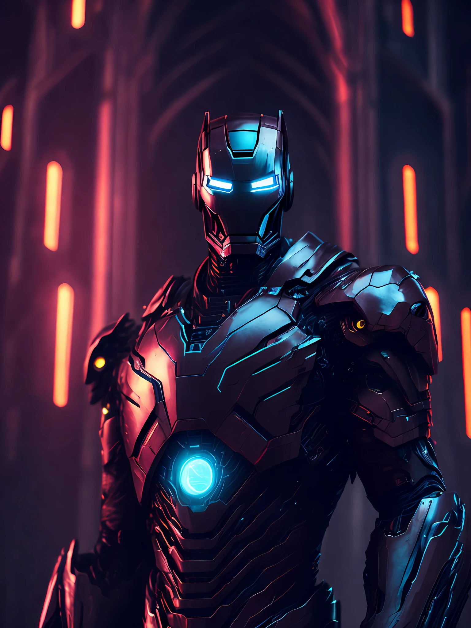 a somber portrait of Iron Man Noir from Marvel Comics with intricate angular cybernetic implants inside a brutalist building, gothic brutalist cathedral, cyberpunk, award-winning photo, bokeh, neon lights, cybernetic limb