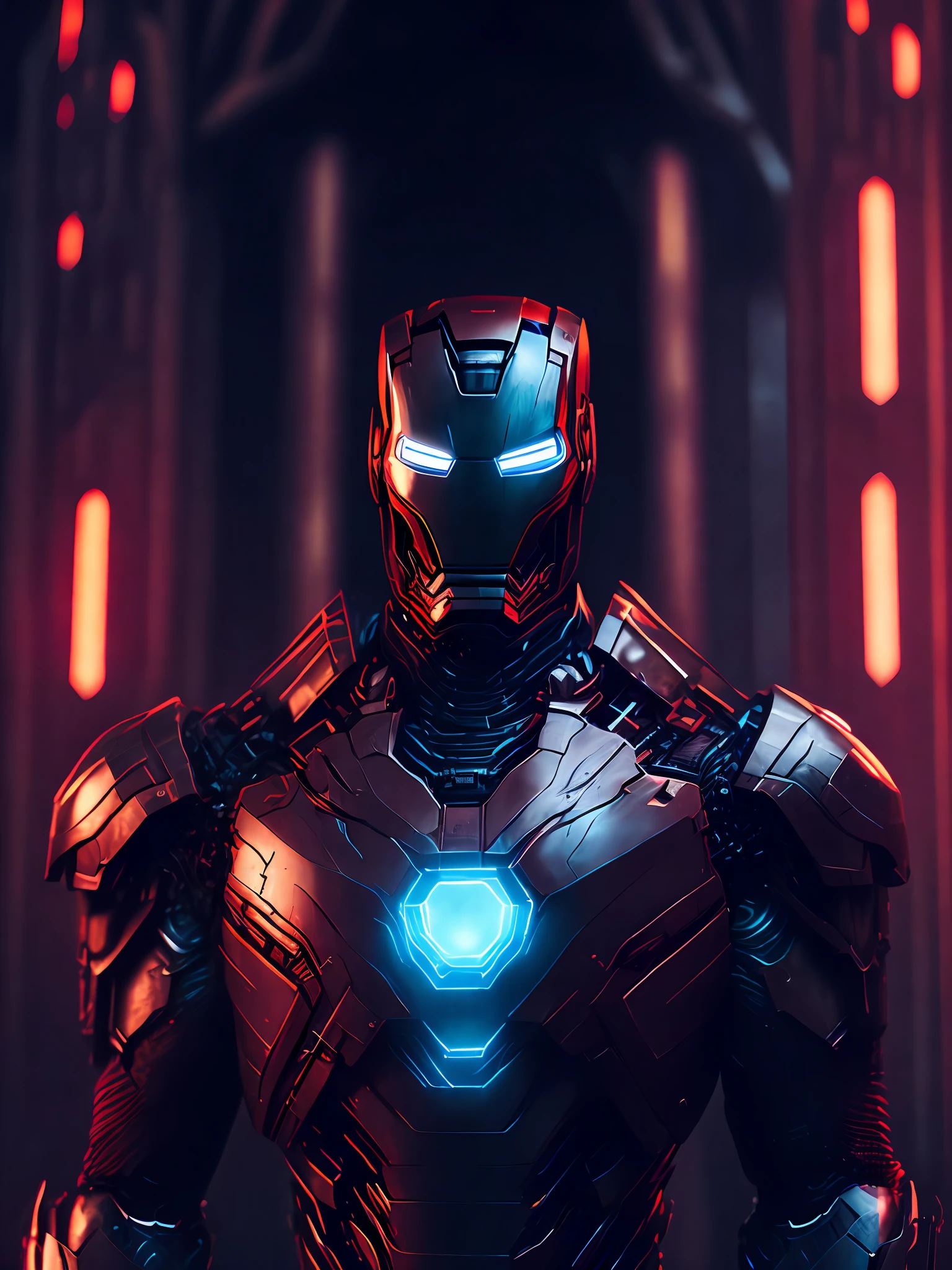 a somber portrait of Iron Man Noir from Marvel Comics with intricate angular cybernetic implants inside a brutalist building, gothic brutalist cathedral, cyberpunk, award-winning photo, bokeh, neon lights, cybernetic limb