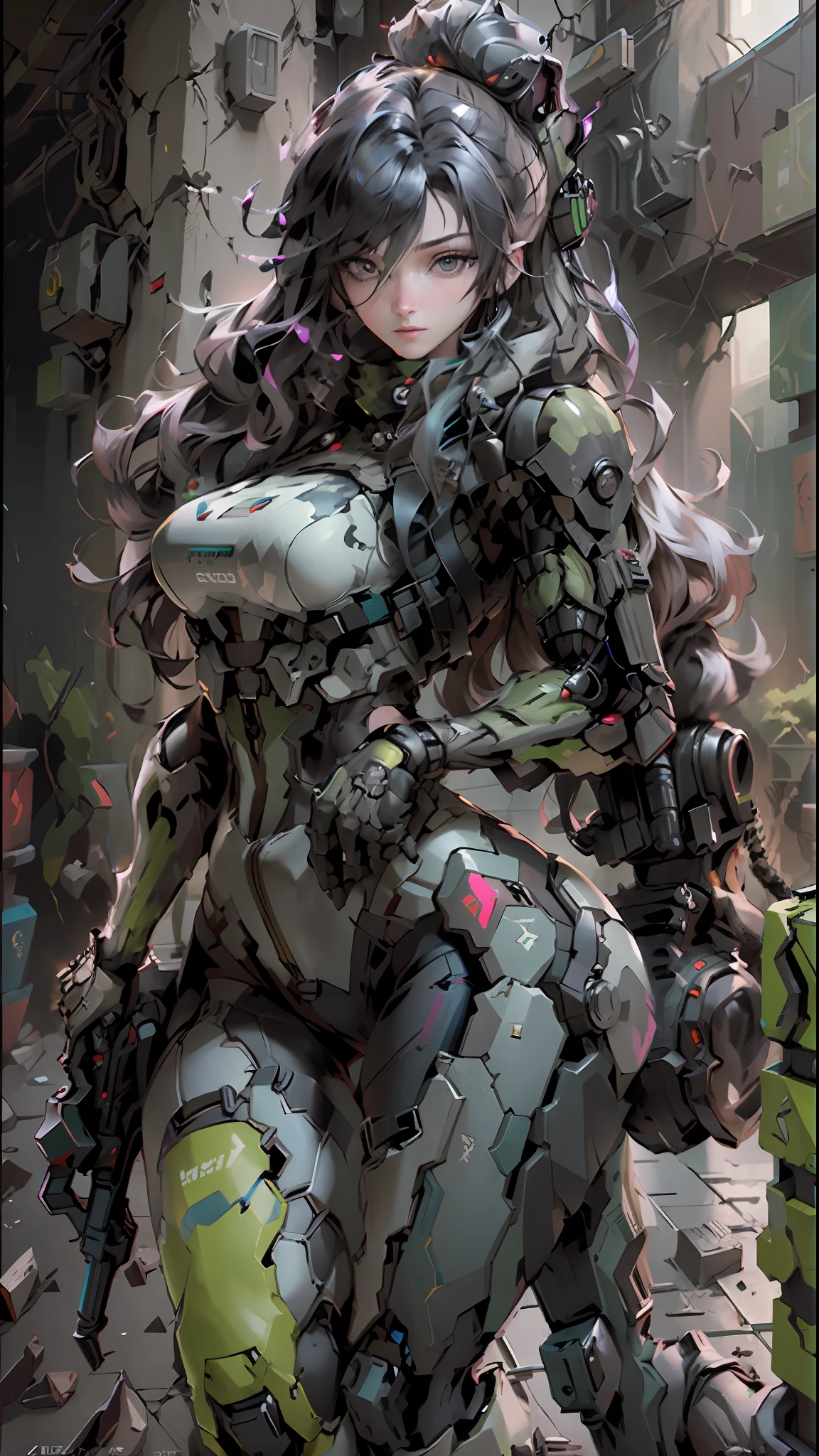((Best quality)), ((masterpiece)), (highly detailed:1.3), 3D, beautiful (cyberpunk:1.2) special forces, robort,female with thick voluminous hair wearing (wearing camouflage_uniform:1.1), body armour,cape,digital (camouflage:1.3),HDR (High Dynamic Range),Ray Tracing,NVIDIA RTX,Super-Resolution,Unreal 5,Subsurface scattering,PBR Texturing,Post-processing,Anisotropic Filtering,Depth-of-field,Maximum clarity and sharpness,Multi-layered textures,Albedo and Specular maps,Surface shading,Accurate simulation of light-material interaction,Perfect proportions,Octane Render,Two-tone lighting,Wide aperture,Low ISO,White balance,Rule of thirds,8K RAW,Efficient Sub-Pixel,sub-pixel convolution, big weapon, big cannon on shoulder