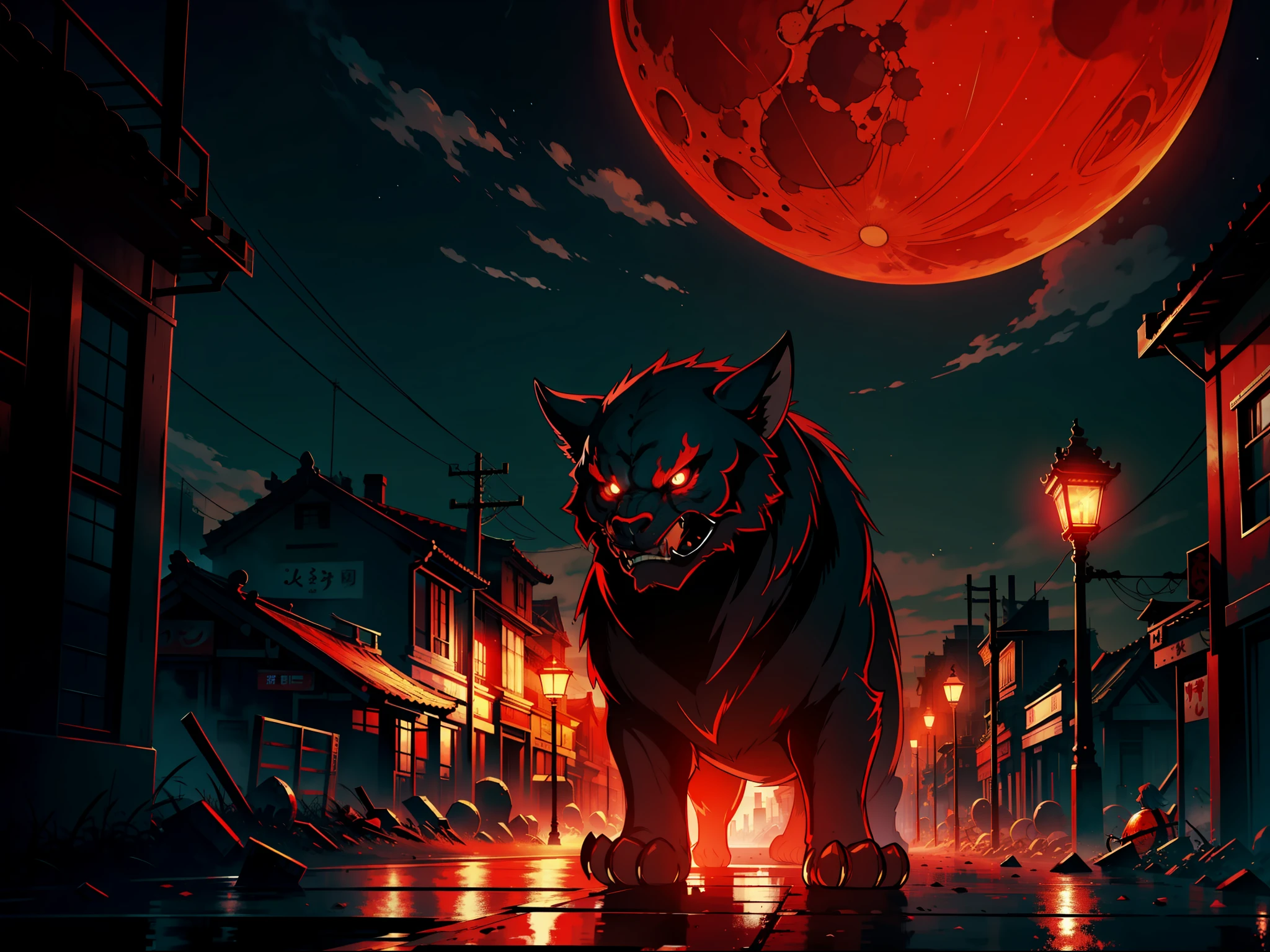 Huge red moon, dim city, huge monsters roaring in the streets, surrealism