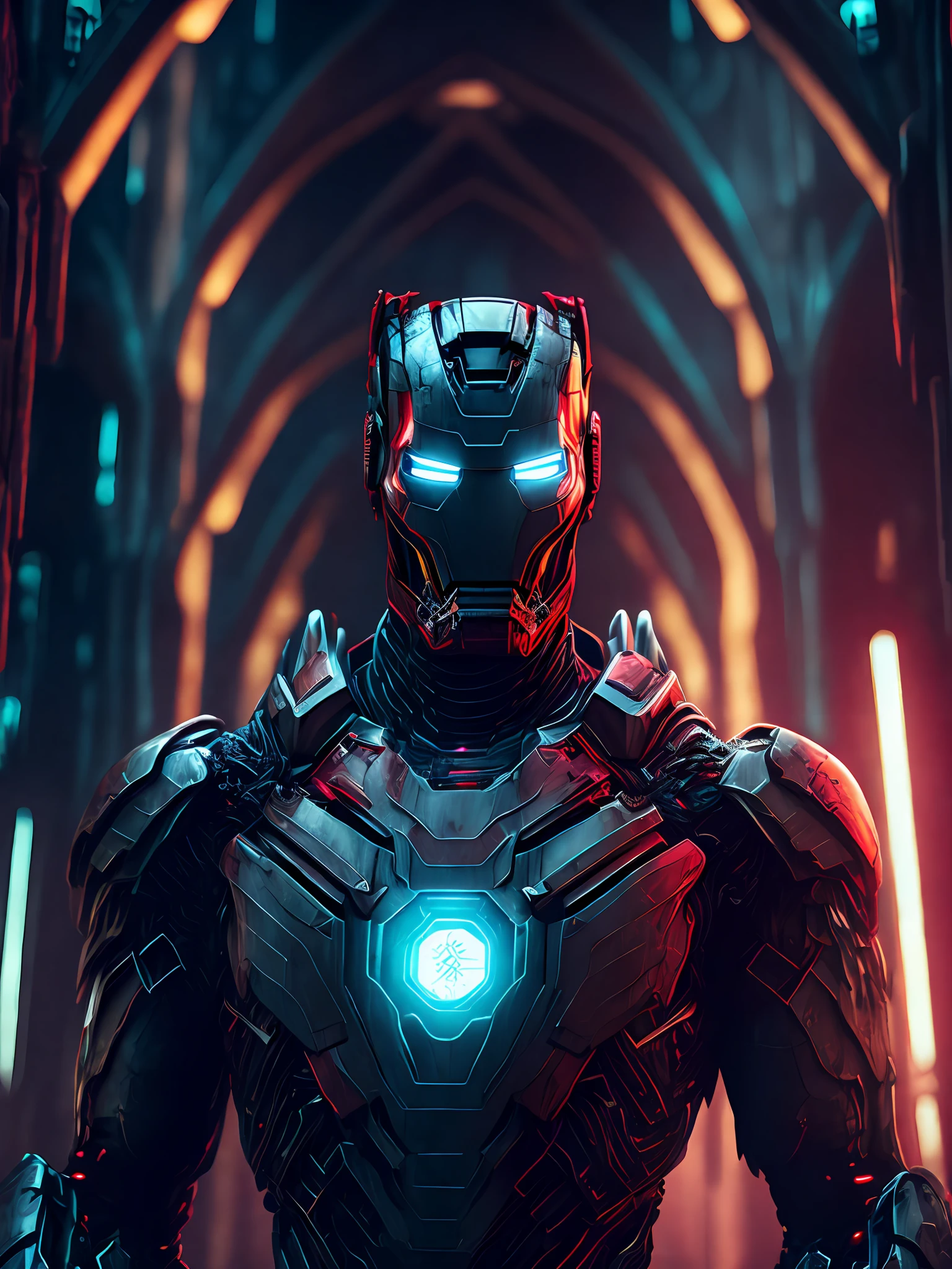 gloomy portrait of Zombie Iron Man from Marvel Comics with intricate angular cybernetic implants inside a brutalist building, gothic brutalist cathedral, cyberpunk, award-winning photo, bokeh, neon lights, cybernetic limb