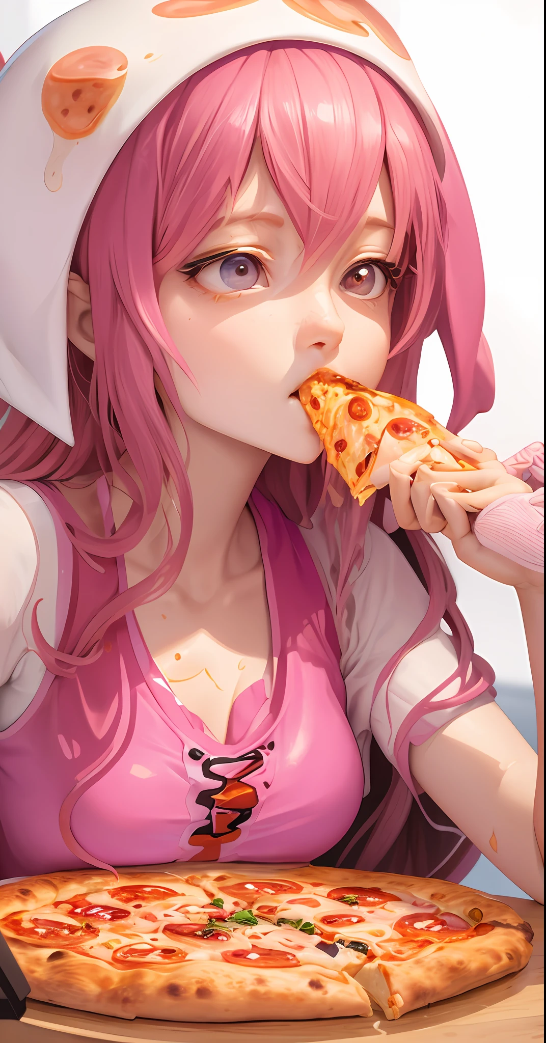 there is a woman sitting at a table with a pizza and octopus tentacles, munching pizza, eating pizza, tentacles wrapped around burgers, pizza!, tentacles around, presenting pizza, humanoid pink female squid girl, eating a pizza, anime food, detailed digital anime art, pizza, amazing food illustration, sharing a pizza, some tentacles are touching her